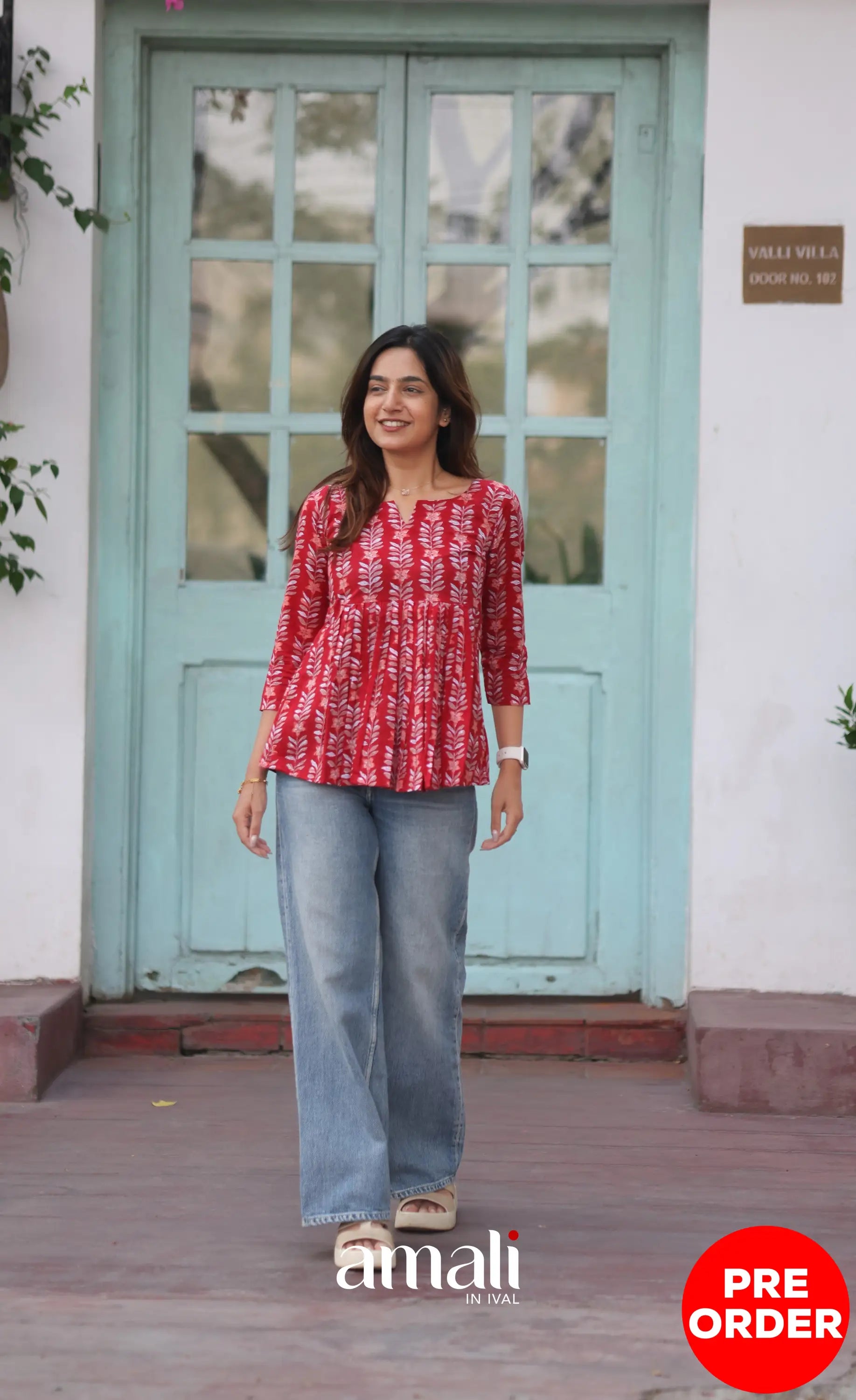 Red Jaipur Hand Block-Printed Short Top PREORDER - salwar
