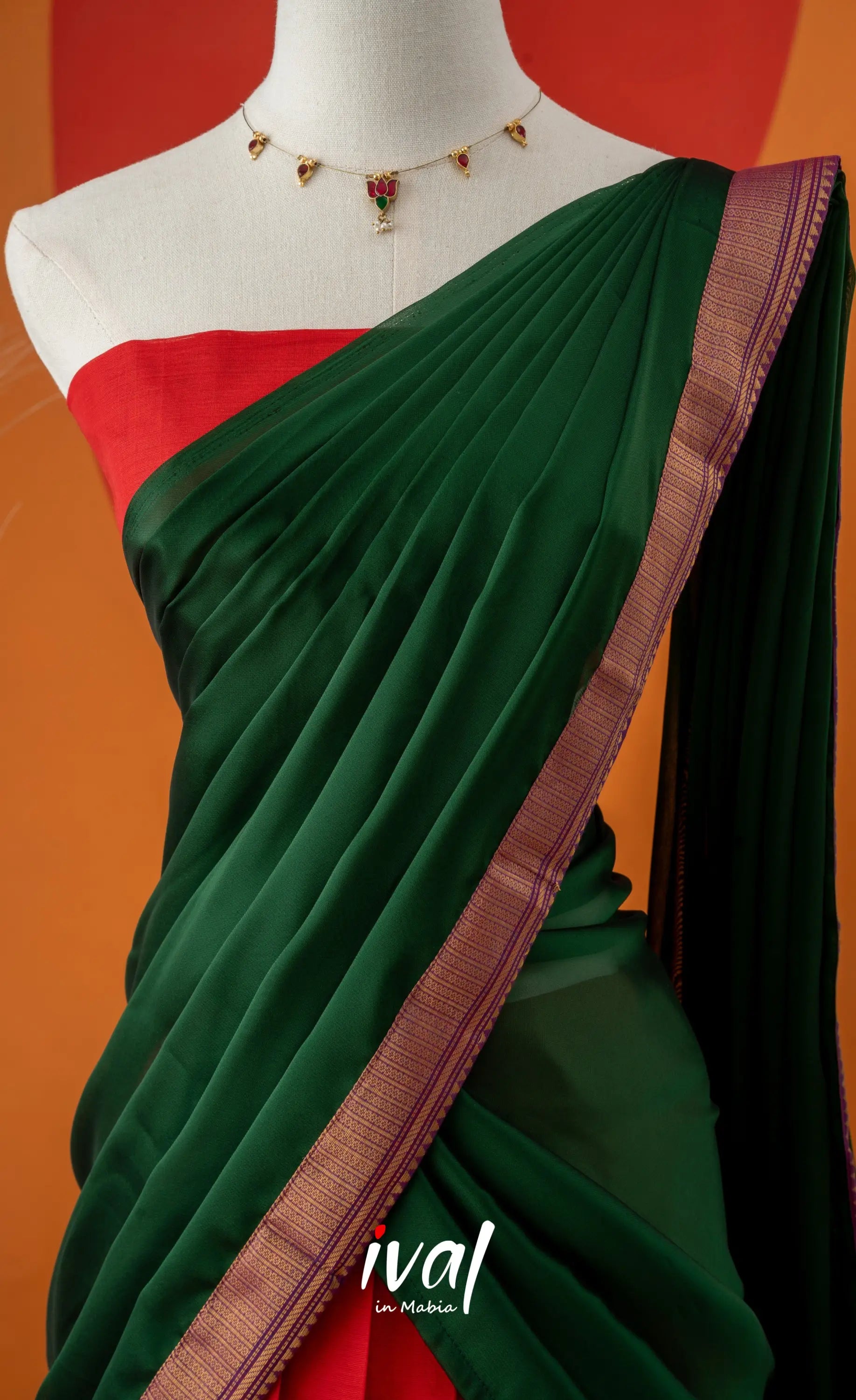 Red with Bottle Green Semi-Stitched Cotton Halfsaree Half Sarees