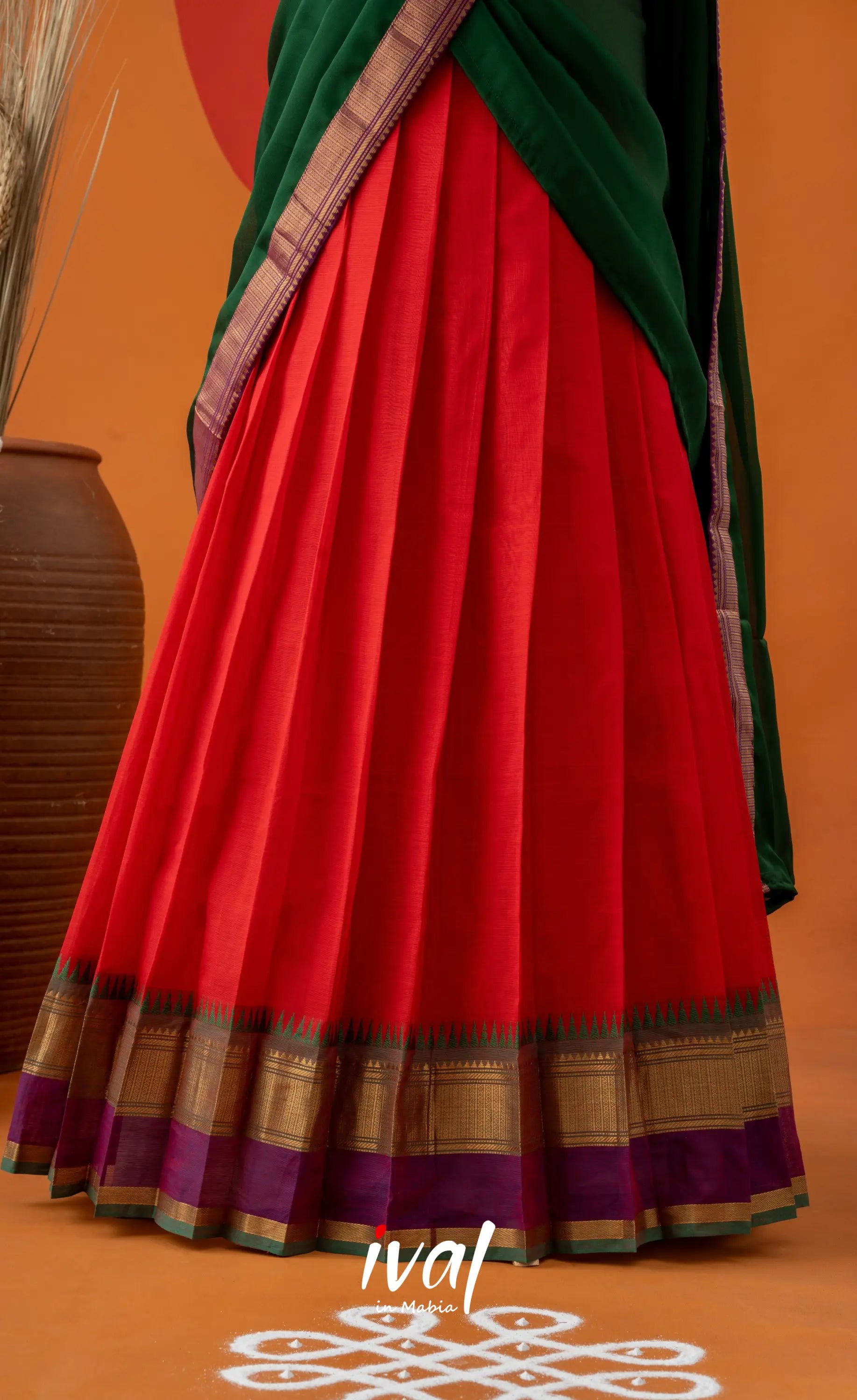 Red with Bottle Green Semi-Stitched Cotton Halfsaree Half Sarees