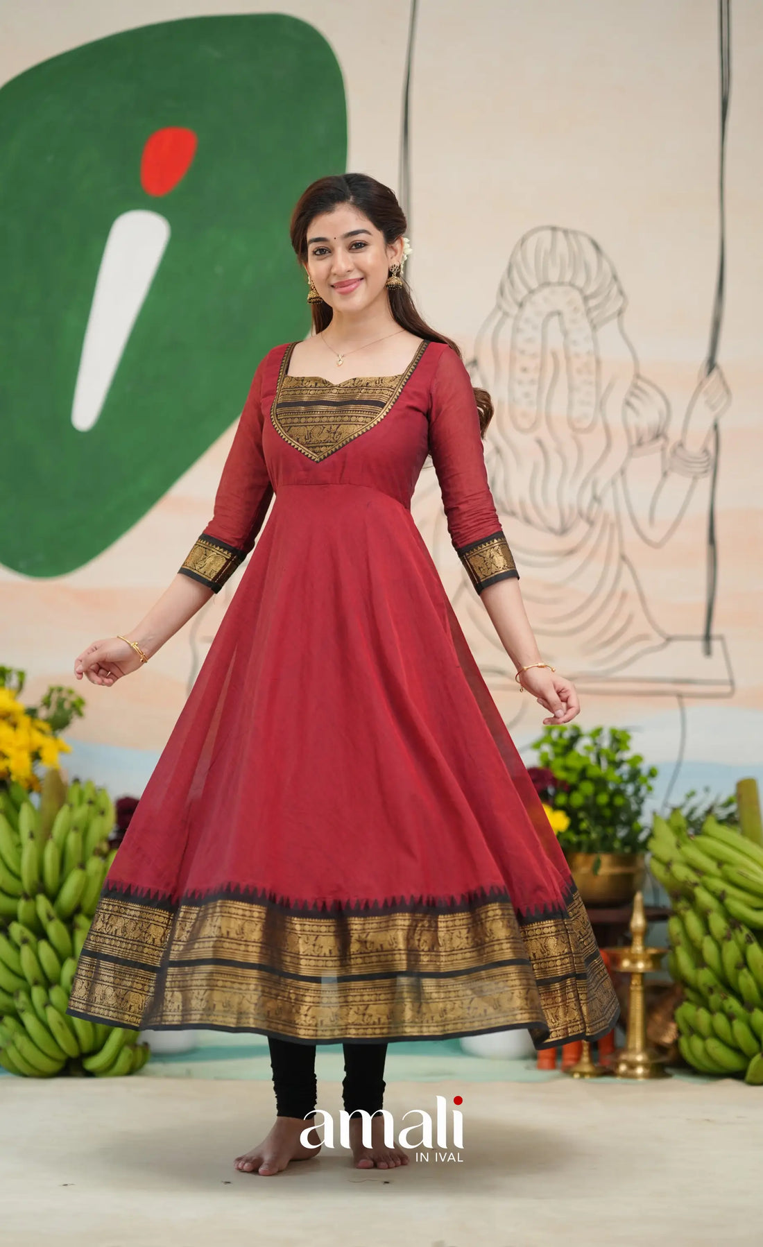 Reddish maroon and Black Chettinad Cotton Anarkali - Anarkalis