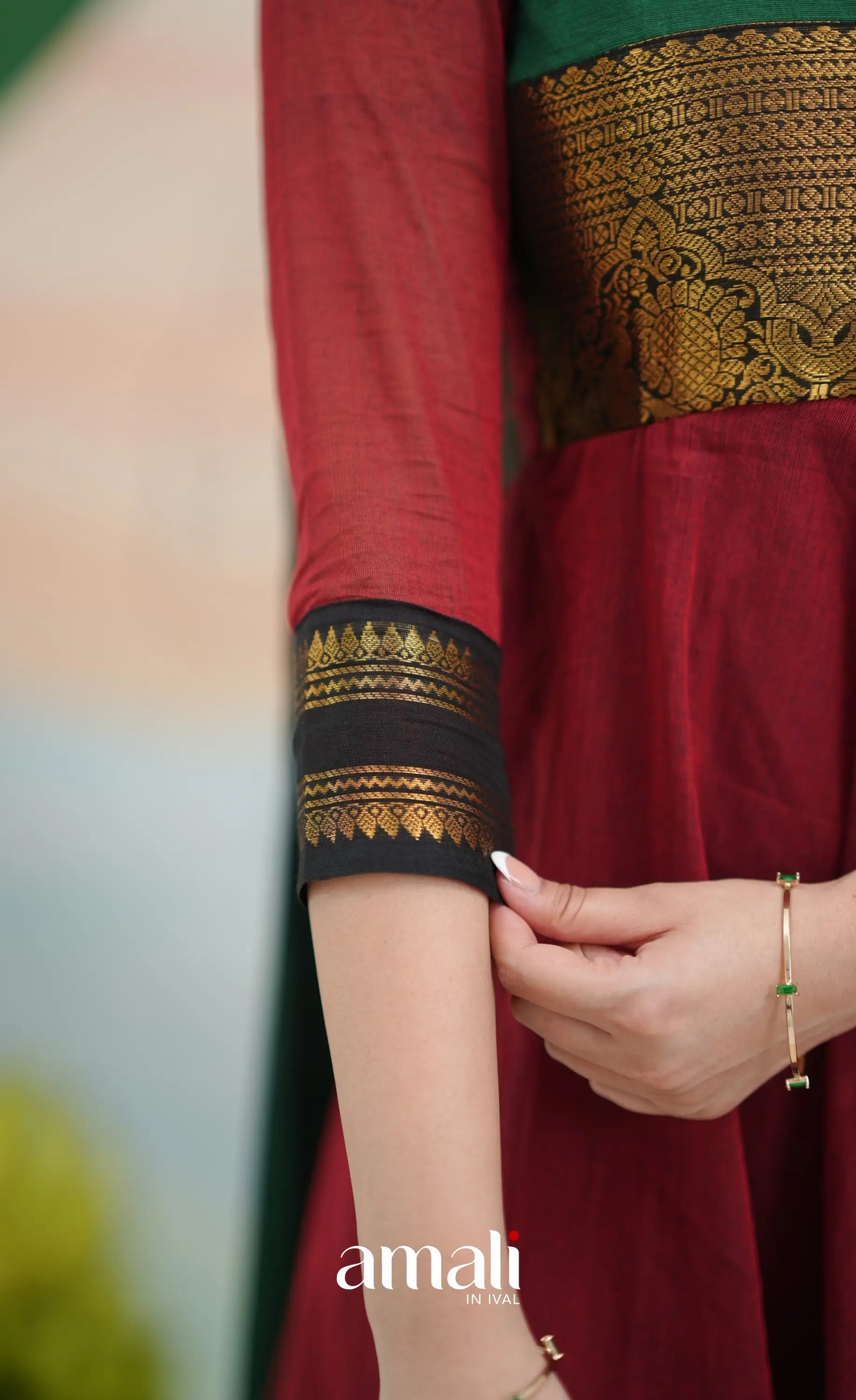Reddish maroon and Bottle green Chettinad Cotton Anarkali - Anarkalis