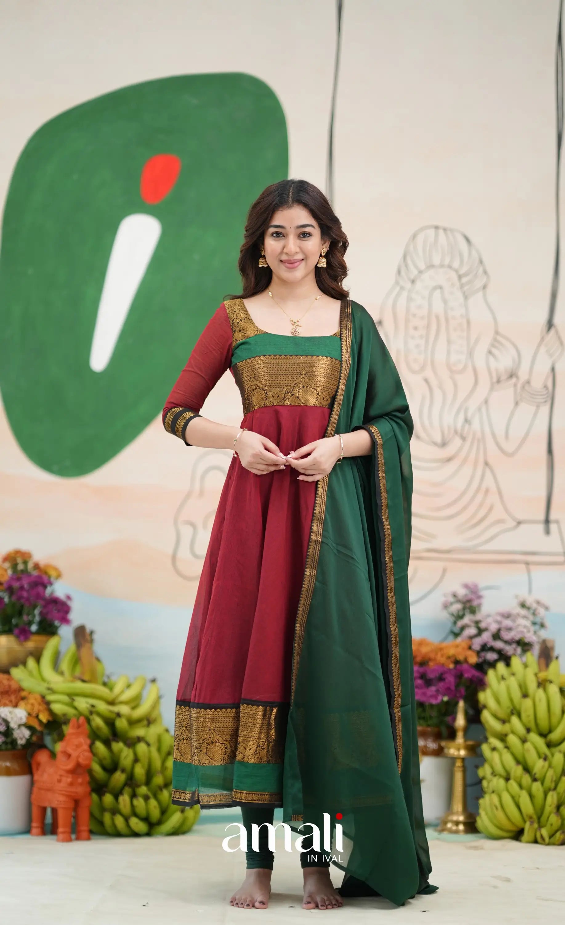 Reddish maroon and Bottle green Chettinad Cotton Anarkali 3XL
