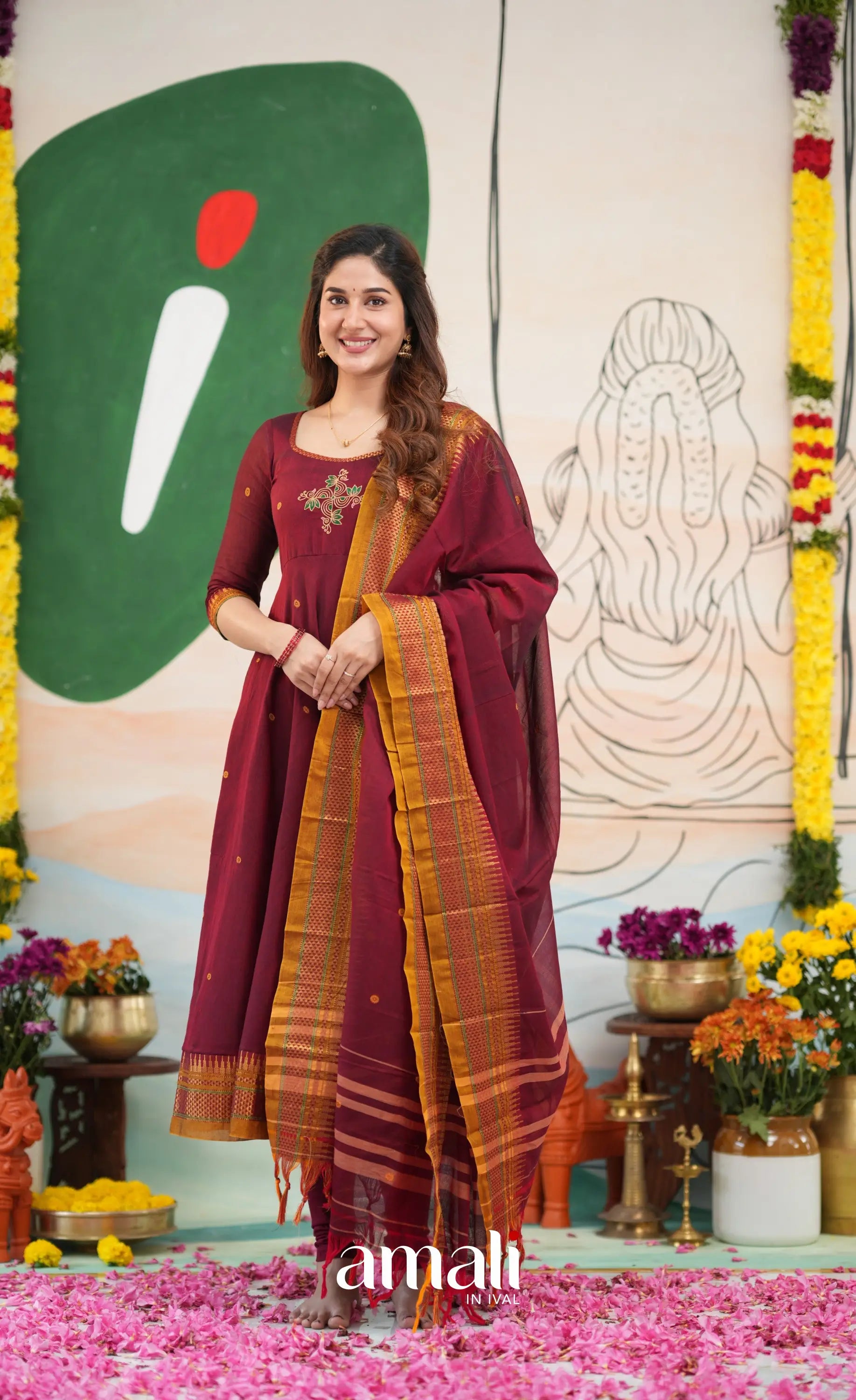 Reddish maroon and Mustard yellow Narayanpet Cotton Anarkali - Anarkalis