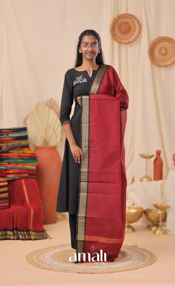 Reddish Maroon With Black Chettinad Cotton Dupatta salwar