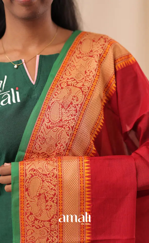 Reddish Maroon With Green Chettinad Cotton Dupatta salwar