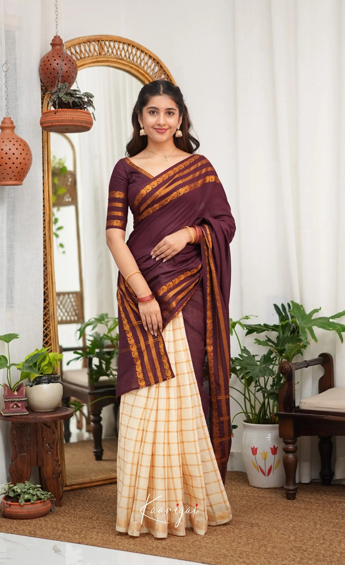 Saaral - Creamish white with Maroon Half & Half Sungudi Saree - Sarees
