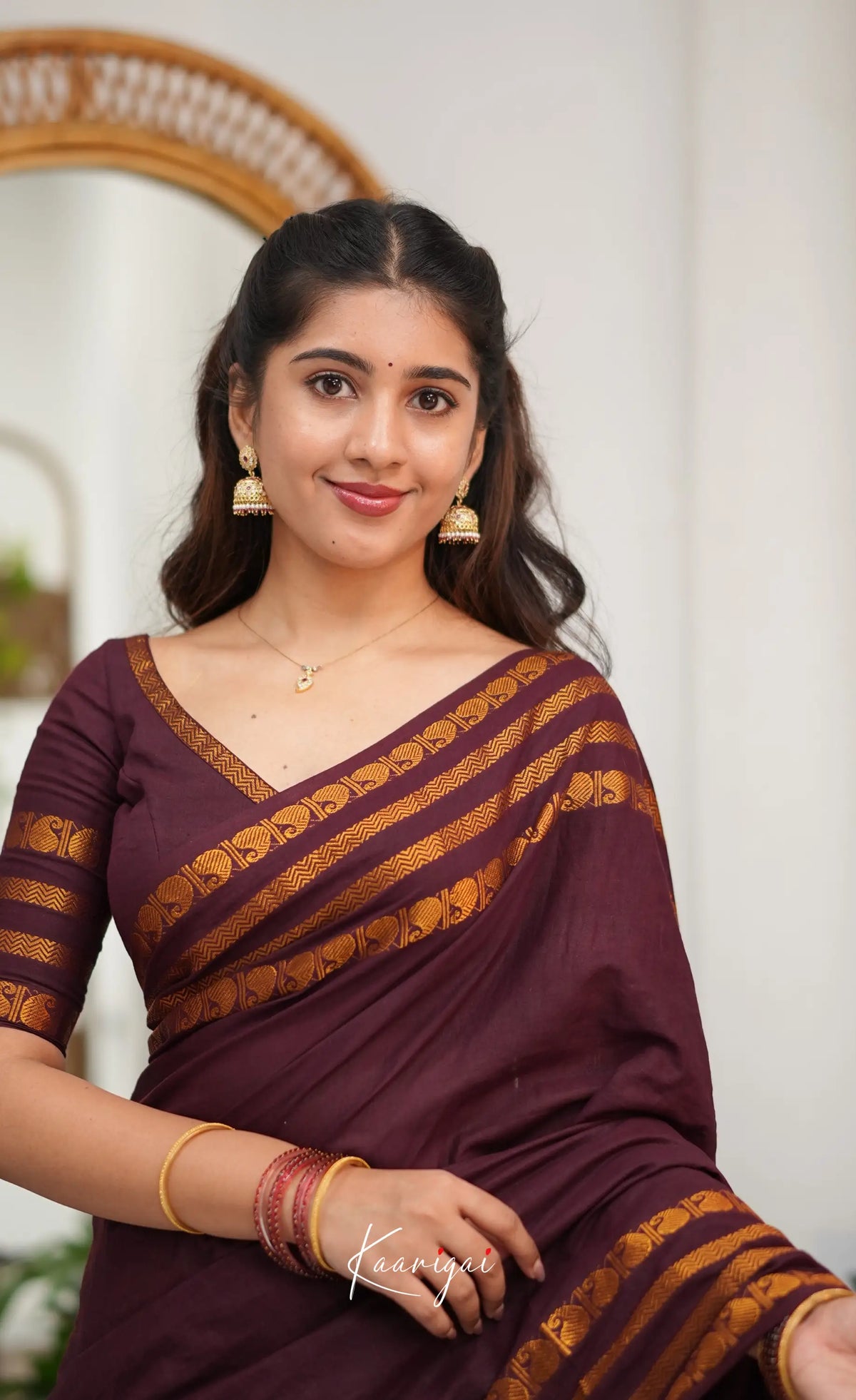 Saaral - Creamish white with Maroon Half & Half Sungudi Saree - Sarees