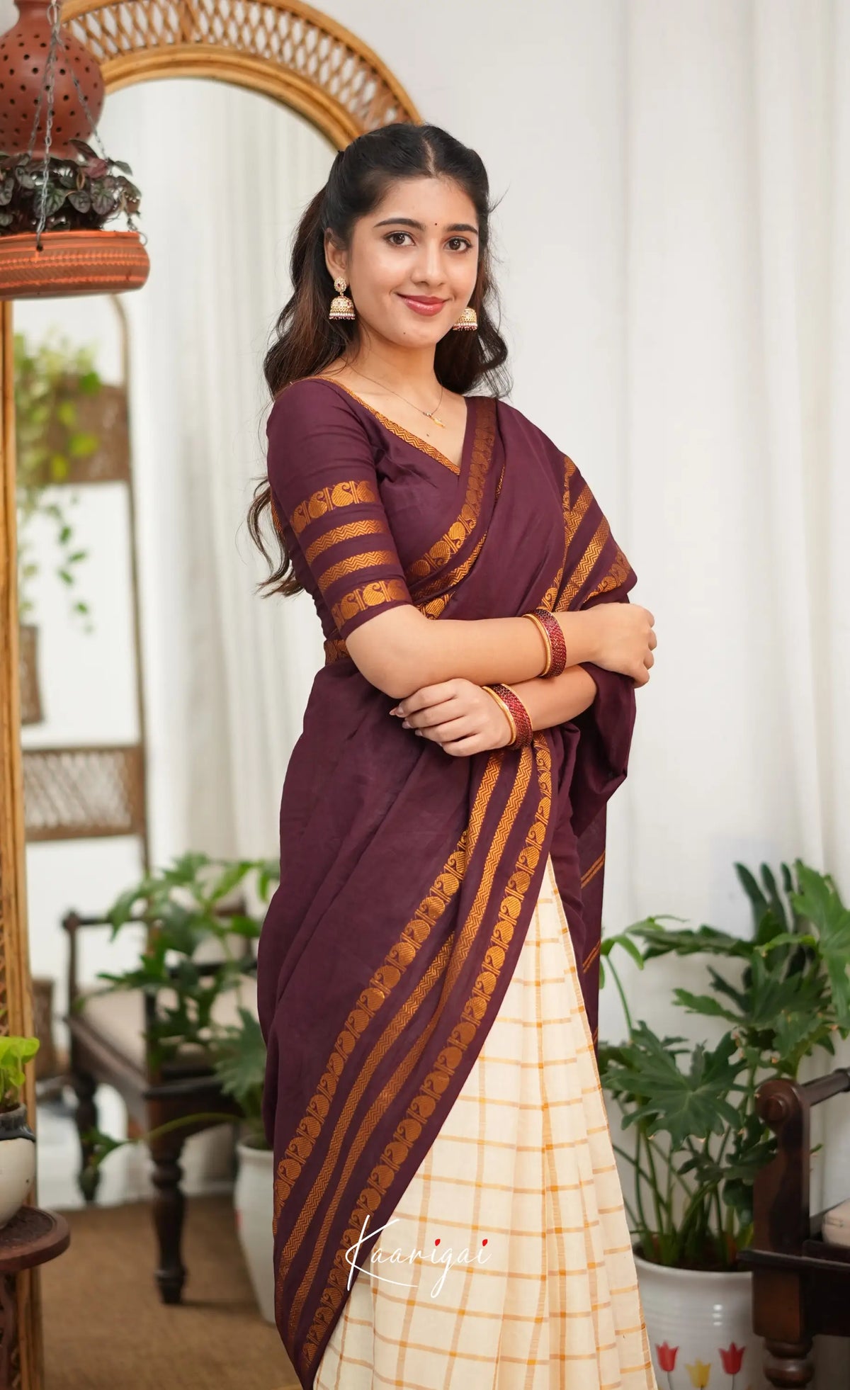Saaral - Creamish white with Maroon Half & Half Sungudi Saree - Sarees