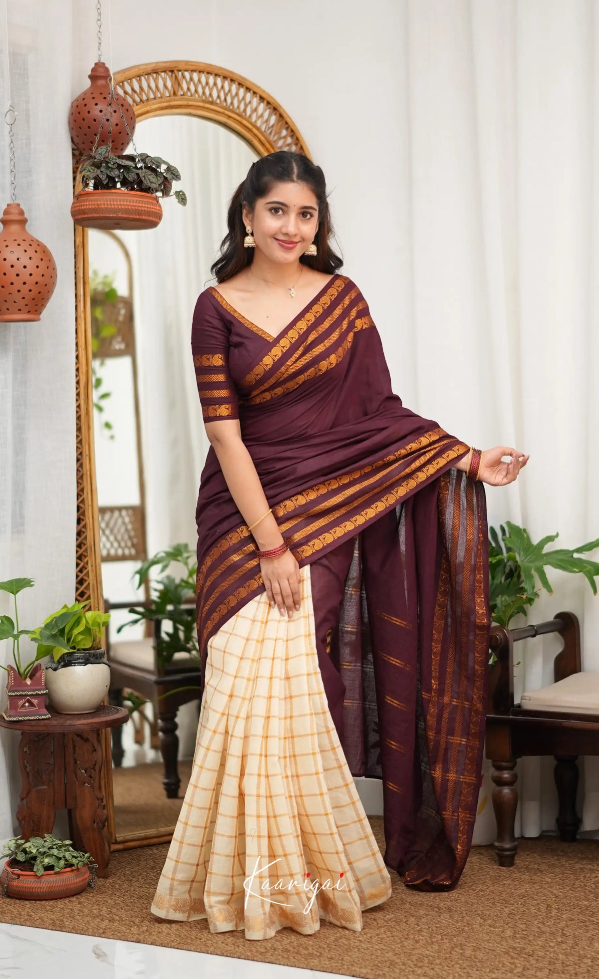 Saaral - Creamish white with Maroon Half & Half Sungudi Saree - Sarees