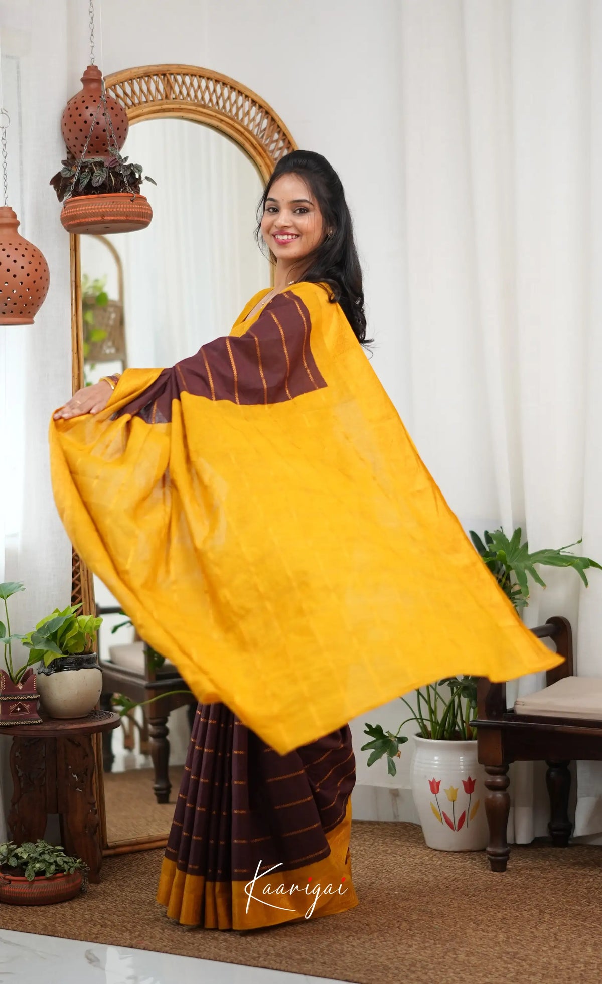 Saaral - Dark brown and Henna yellow Sungudi Saree - Sarees