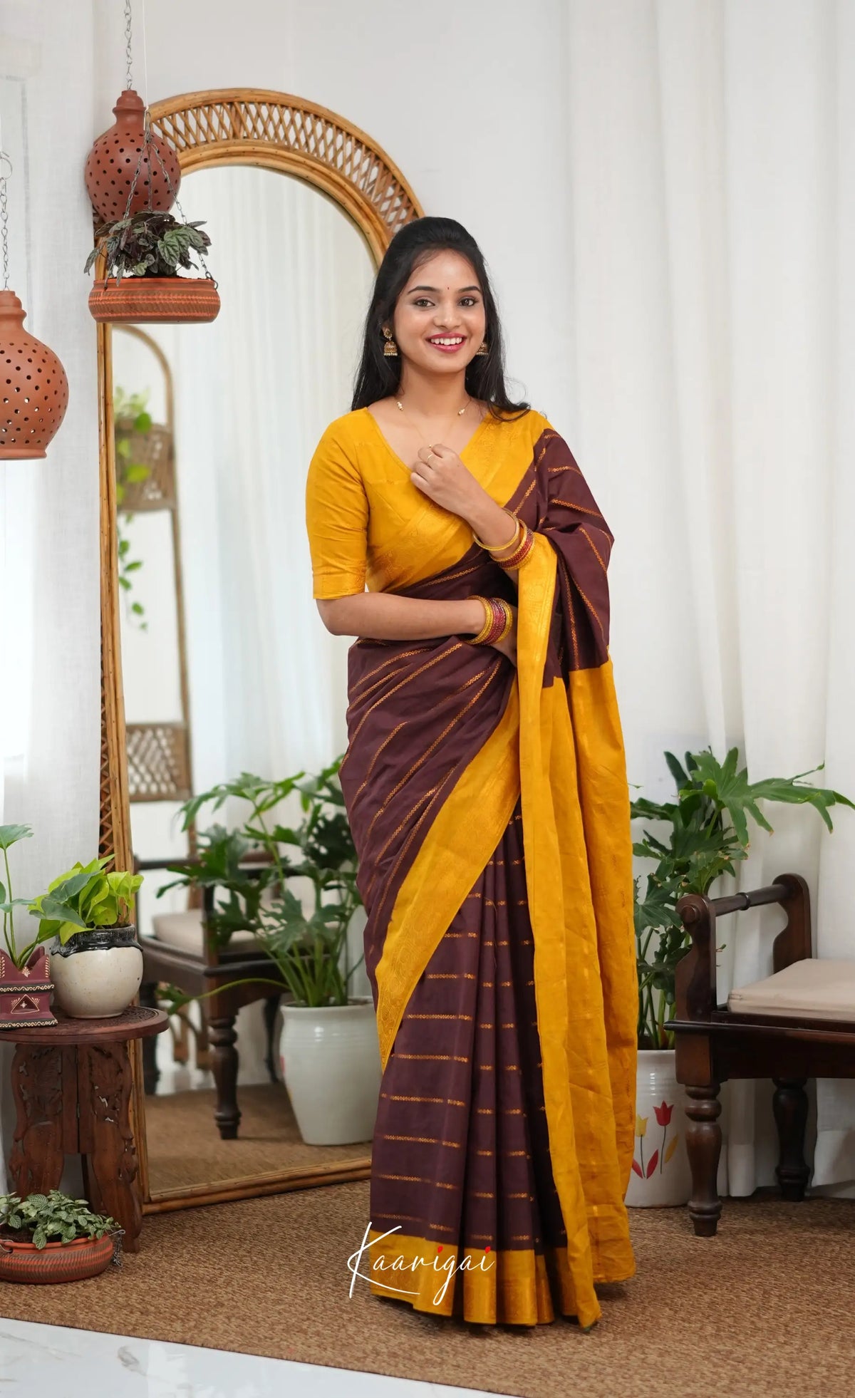 Saaral - Dark brown and Henna yellow Sungudi Saree - Sarees