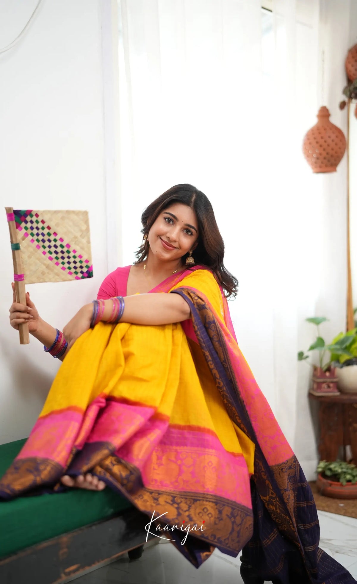 Saaral - Yellow and Pink Sungudi Saree - Sarees