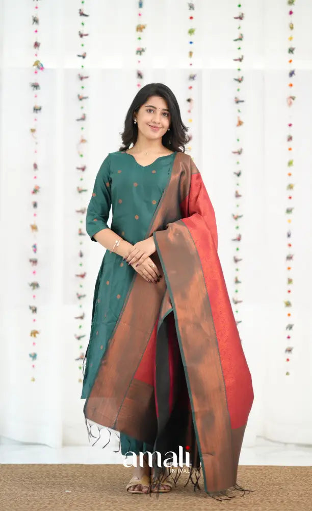 Sanvi Blended Silk Salwar - Bottle Green and Red - salwar