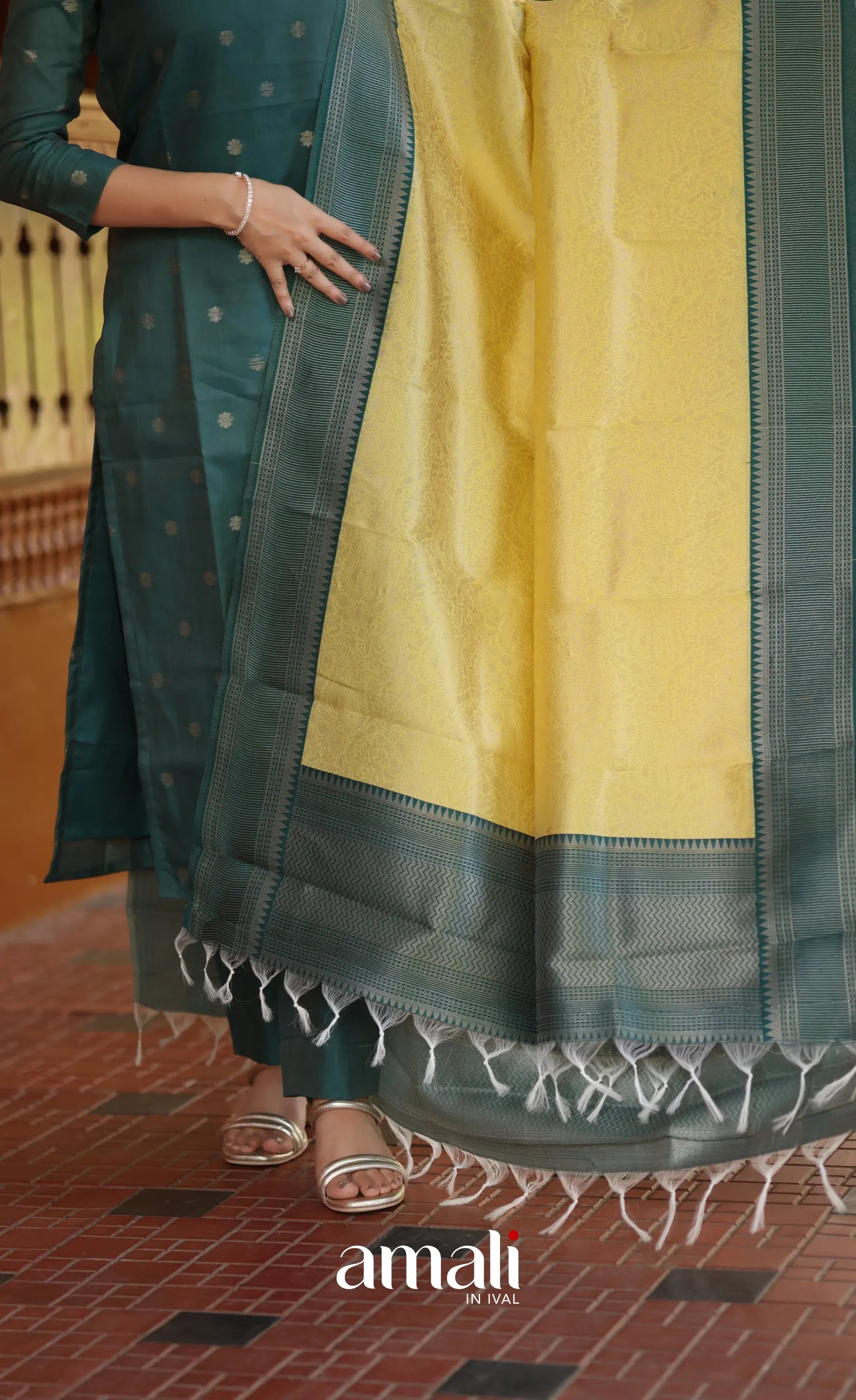 Sanvi Blended Silk Salwar - Dark Green and Yellow salwar
