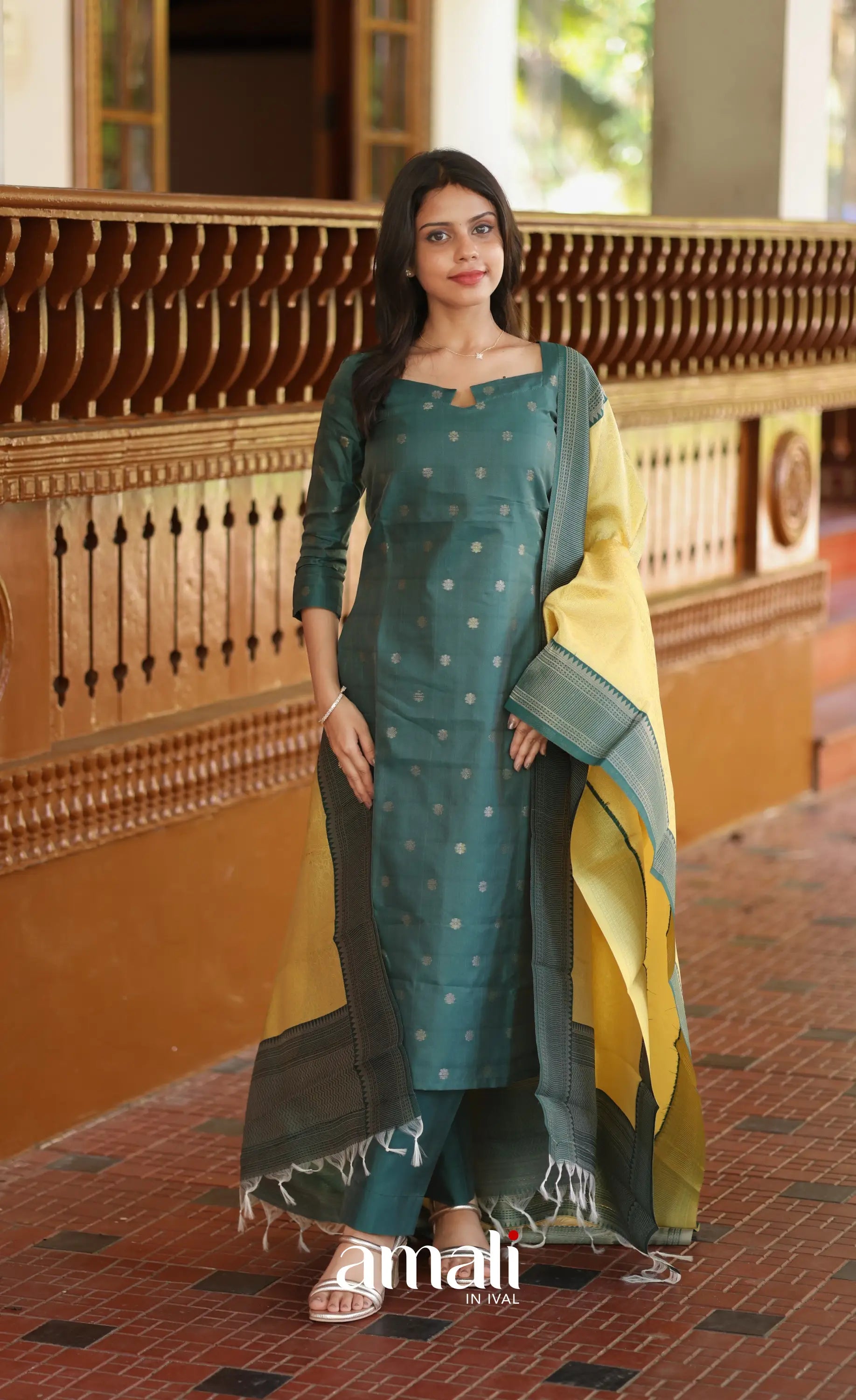 Sanvi Blended Silk Salwar - Dark Green and Yellow salwar
