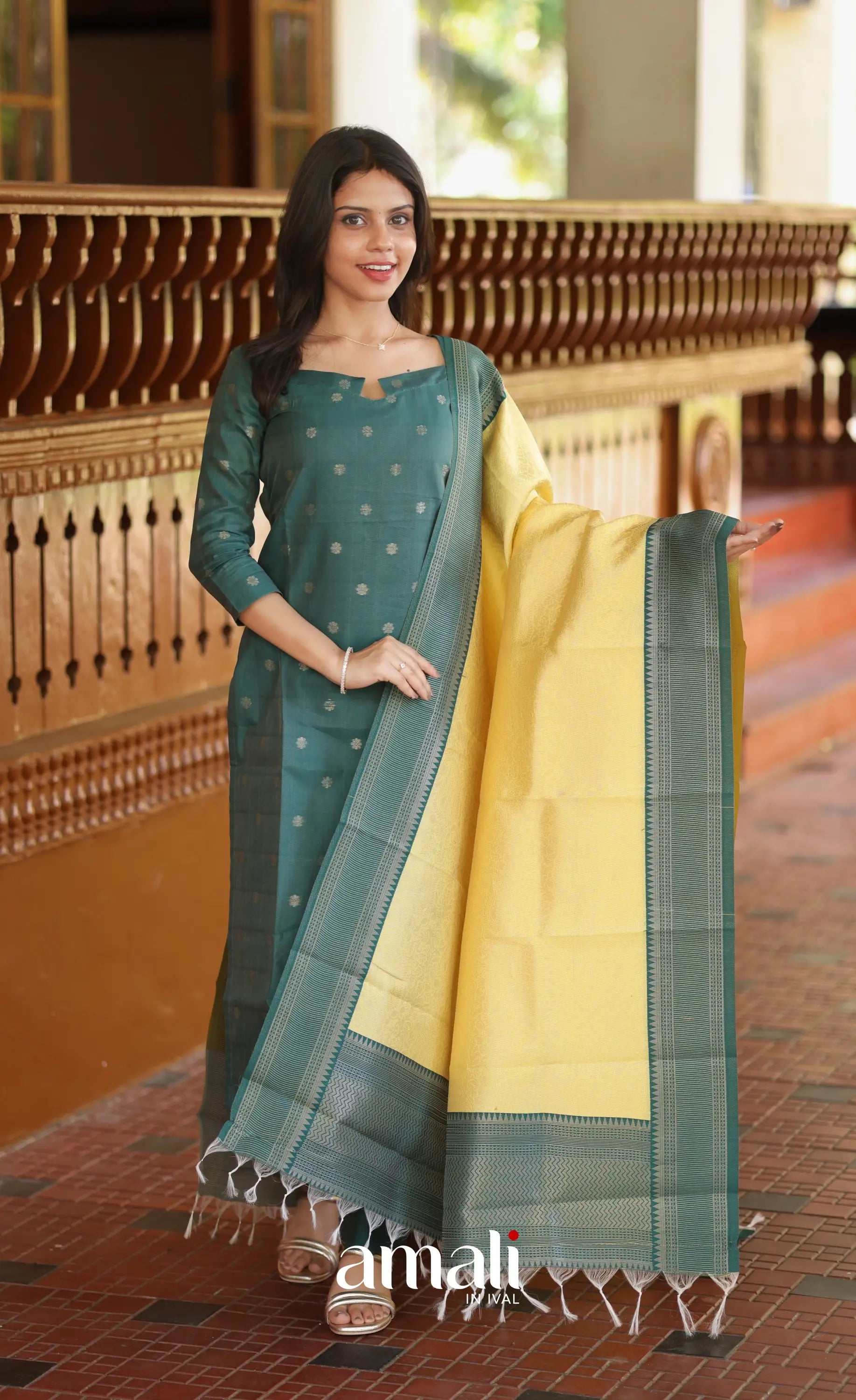 Sanvi Blended Silk Salwar - Dark Green and Yellow salwar