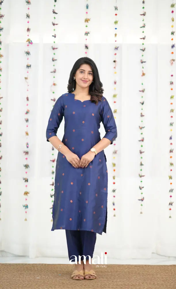 Sanvi Blended Silk Salwar - Dark Royal Blue and Cream - salwar