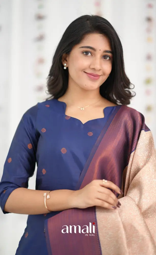 Sanvi Blended Silk Salwar - Dark Royal Blue and Cream - salwar