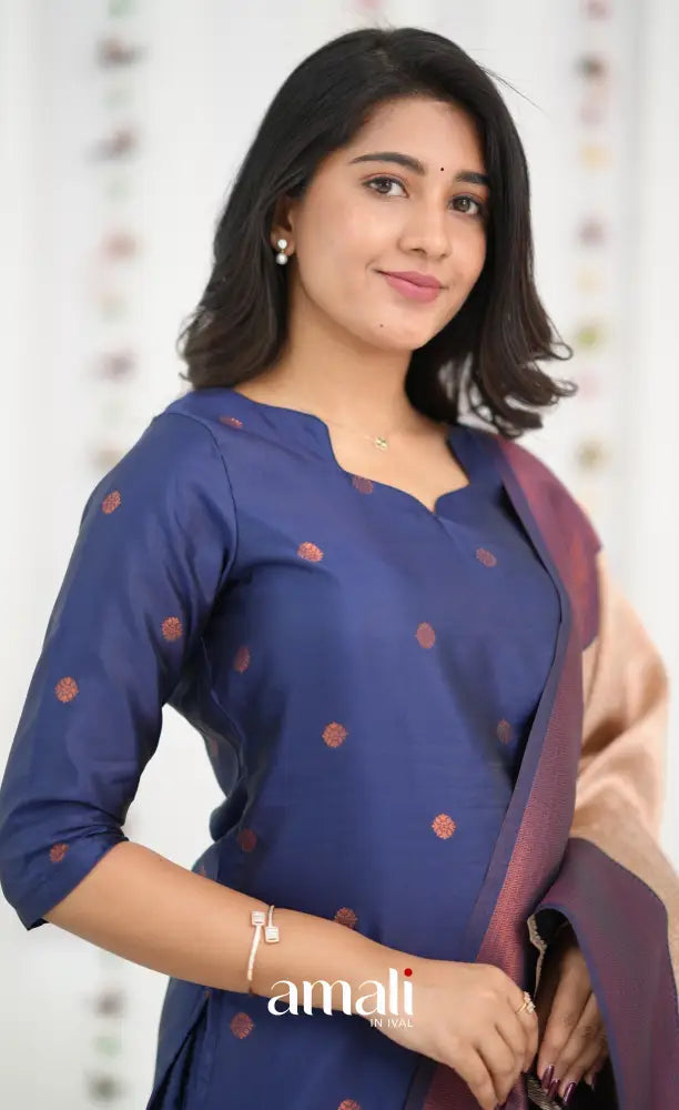Sanvi Blended Silk Salwar - Dark Royal Blue and Cream - salwar