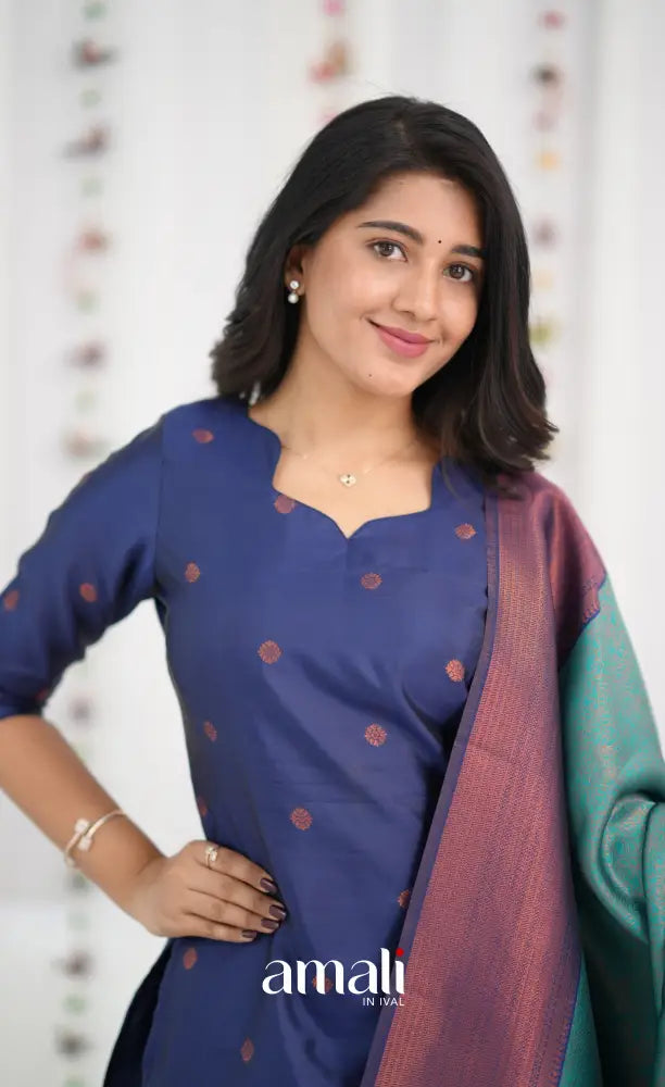 Sanvi Blended Silk Salwar - Dark Royal Blue and Teal Blue - salwar