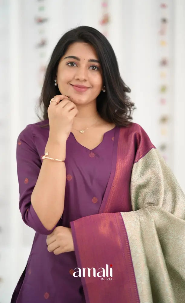 Sanvi Blended Silk Salwar - Magentaish Purple and Pastel Blue - salwar