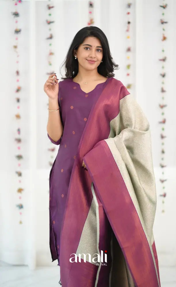 Sanvi Blended Silk Salwar - Magentaish Purple and Pastel Blue - salwar