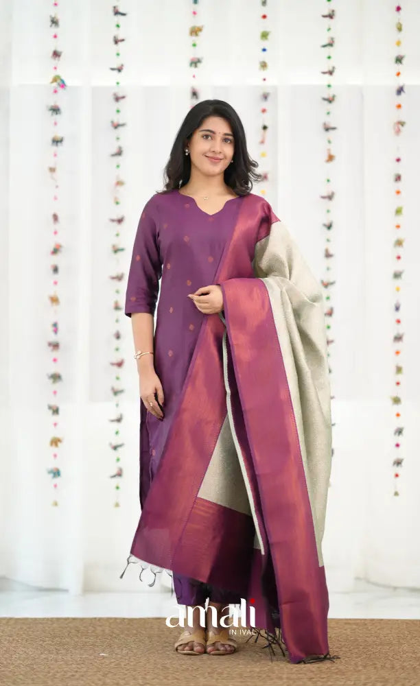 Sanvi Blended Silk Salwar - Magentaish Purple and Pastel Blue - salwar