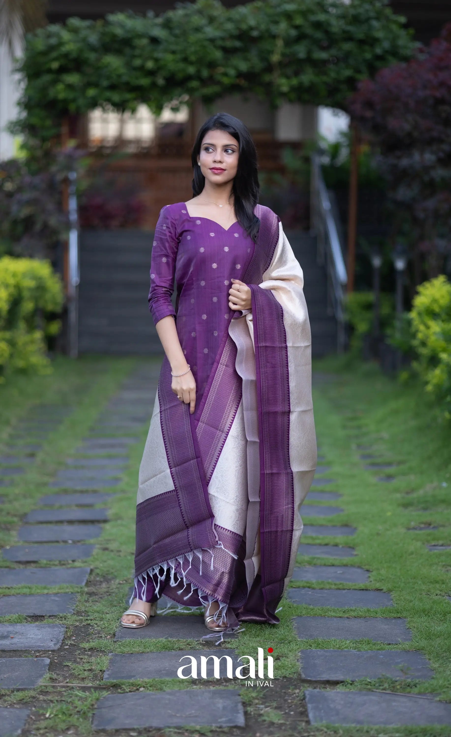Sanvi Blended Silk Salwar - Purple and Offwhite salwar
