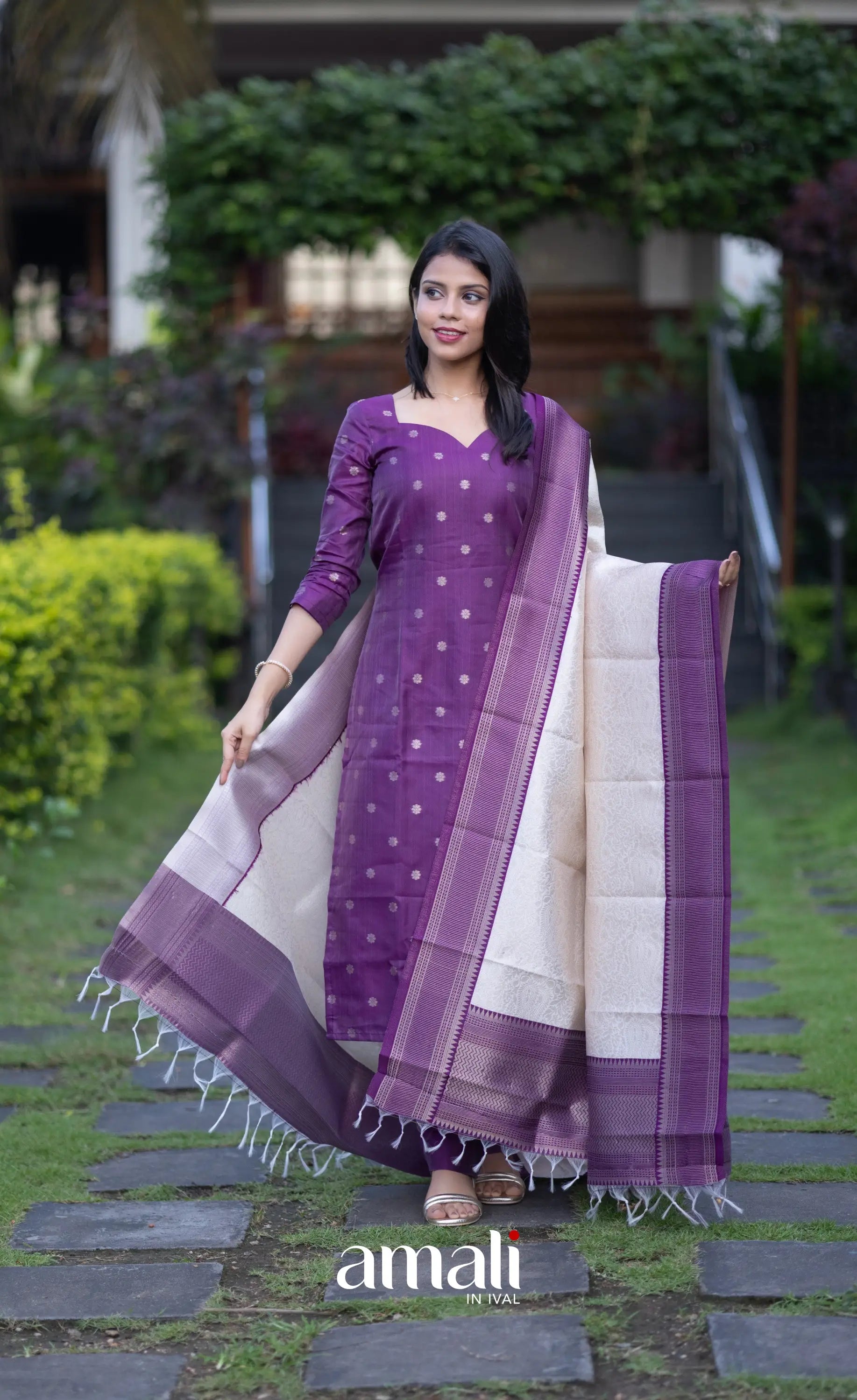 Sanvi Blended Silk Salwar - Purple and Offwhite salwar