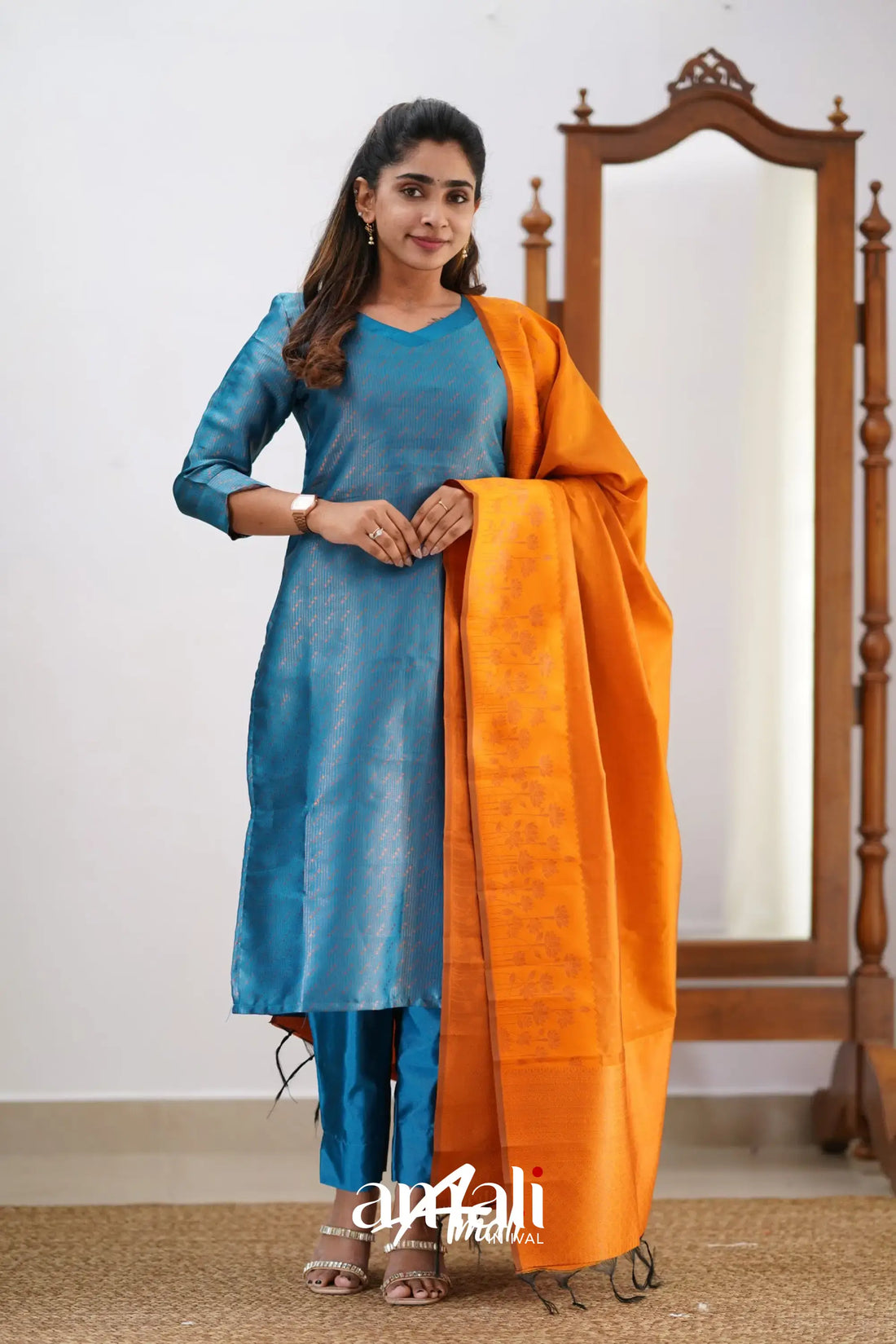 Sanvi - Blue And Orange Semi Kanchipuram Silk Salwar Salwar