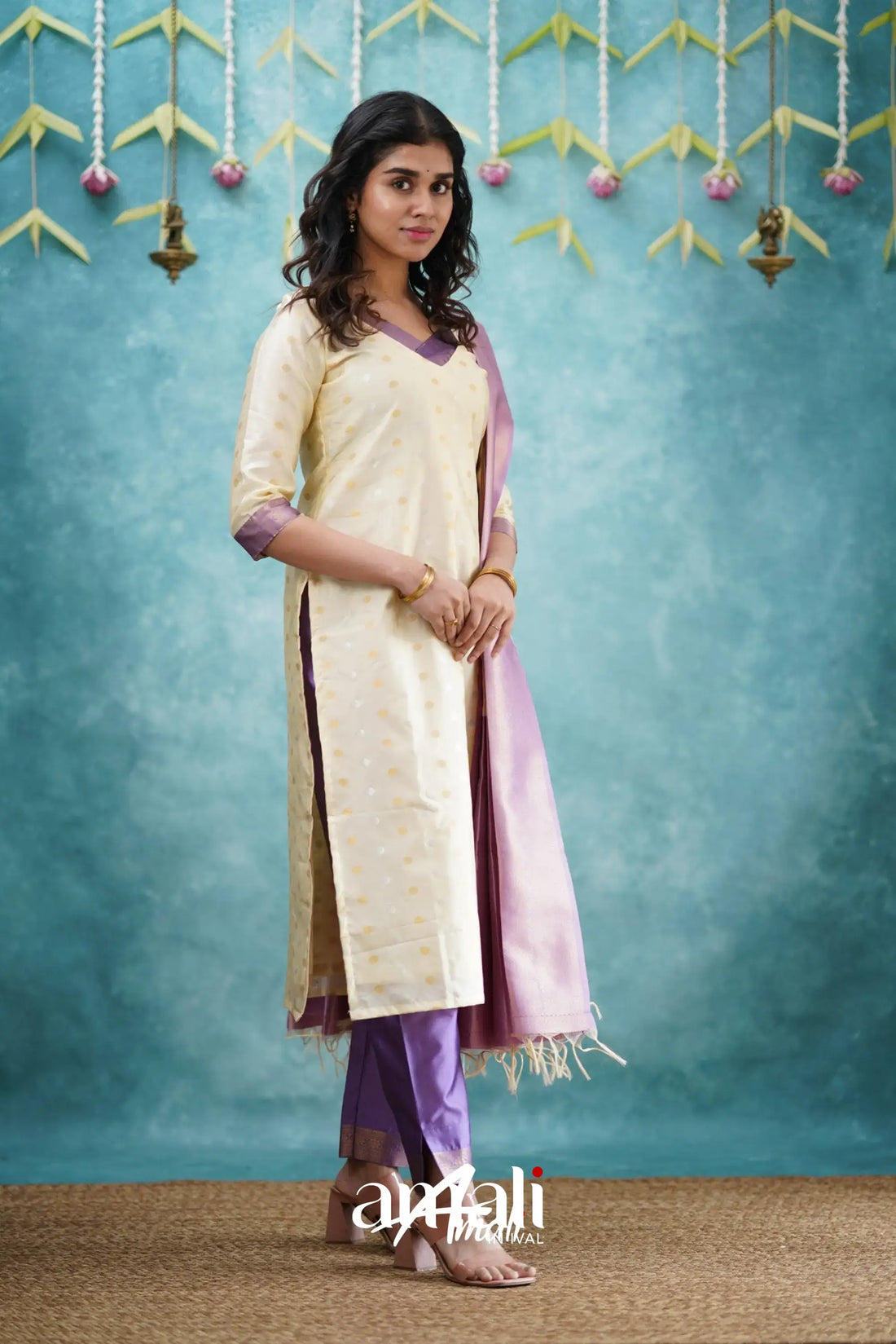 Sanvi - Cream And Lavender Blended Silk Salwar Salwar