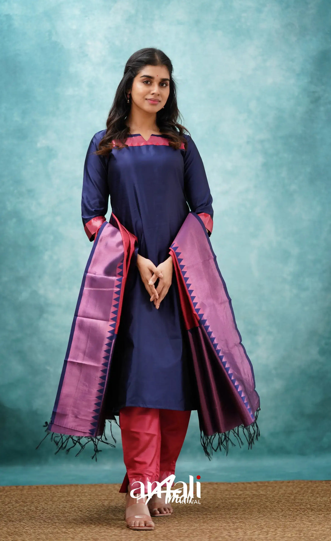 Sanvi - Dark Blue And Red Semi Kanchipuram Silk Salwar Salwar