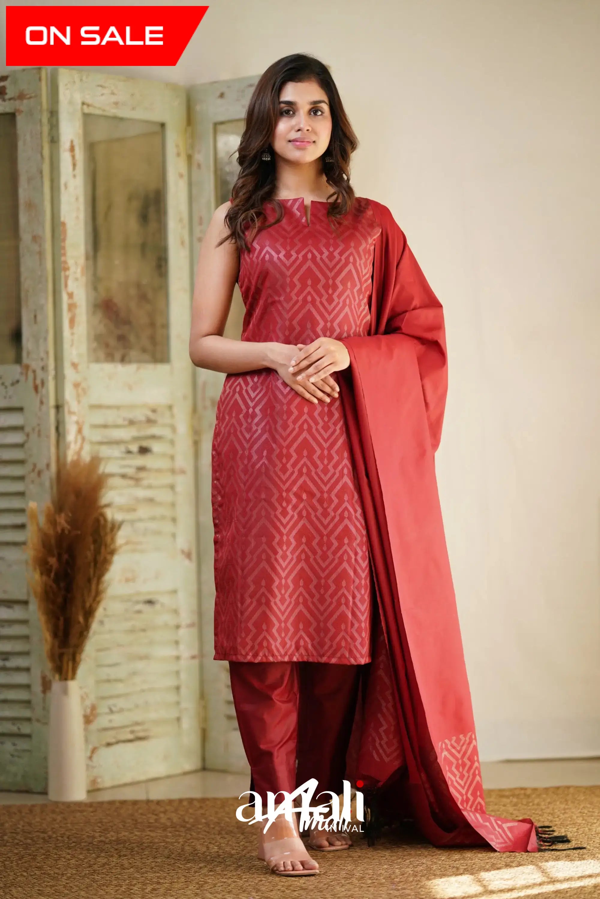 Sanvi - Red Unstitched Semi Kanchipuram Silk Salwar Salwar