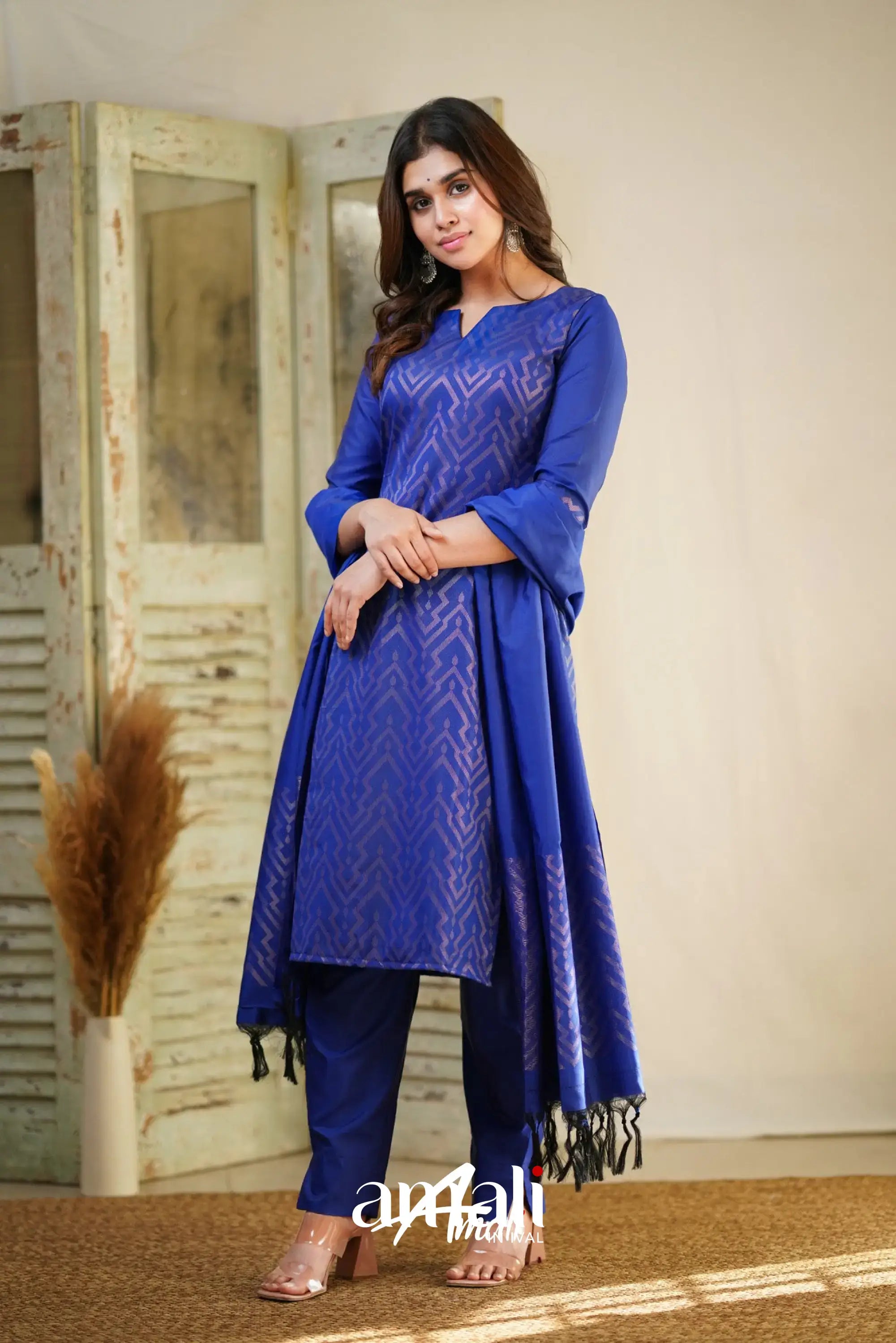 Sanvi - Royal Blue Unstitched Semi Kanchipuram Silk Salwar Salwar