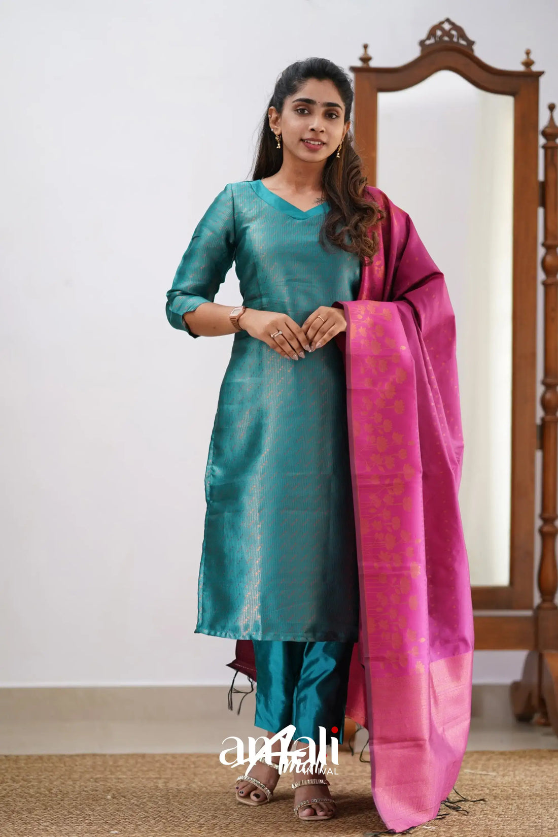 Sanvi - Teal And Pink Semi Kanchipuram Silk Salwar Salwar