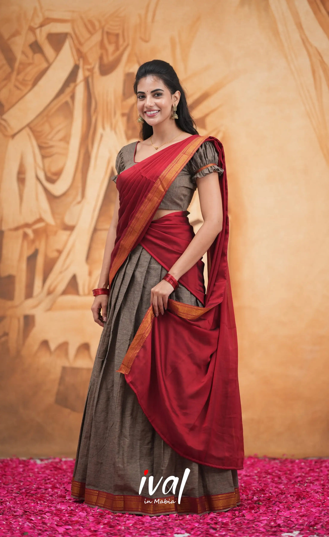 Savarna Cotton Half Saree - Brownish Grey and Maroon Half Sarees