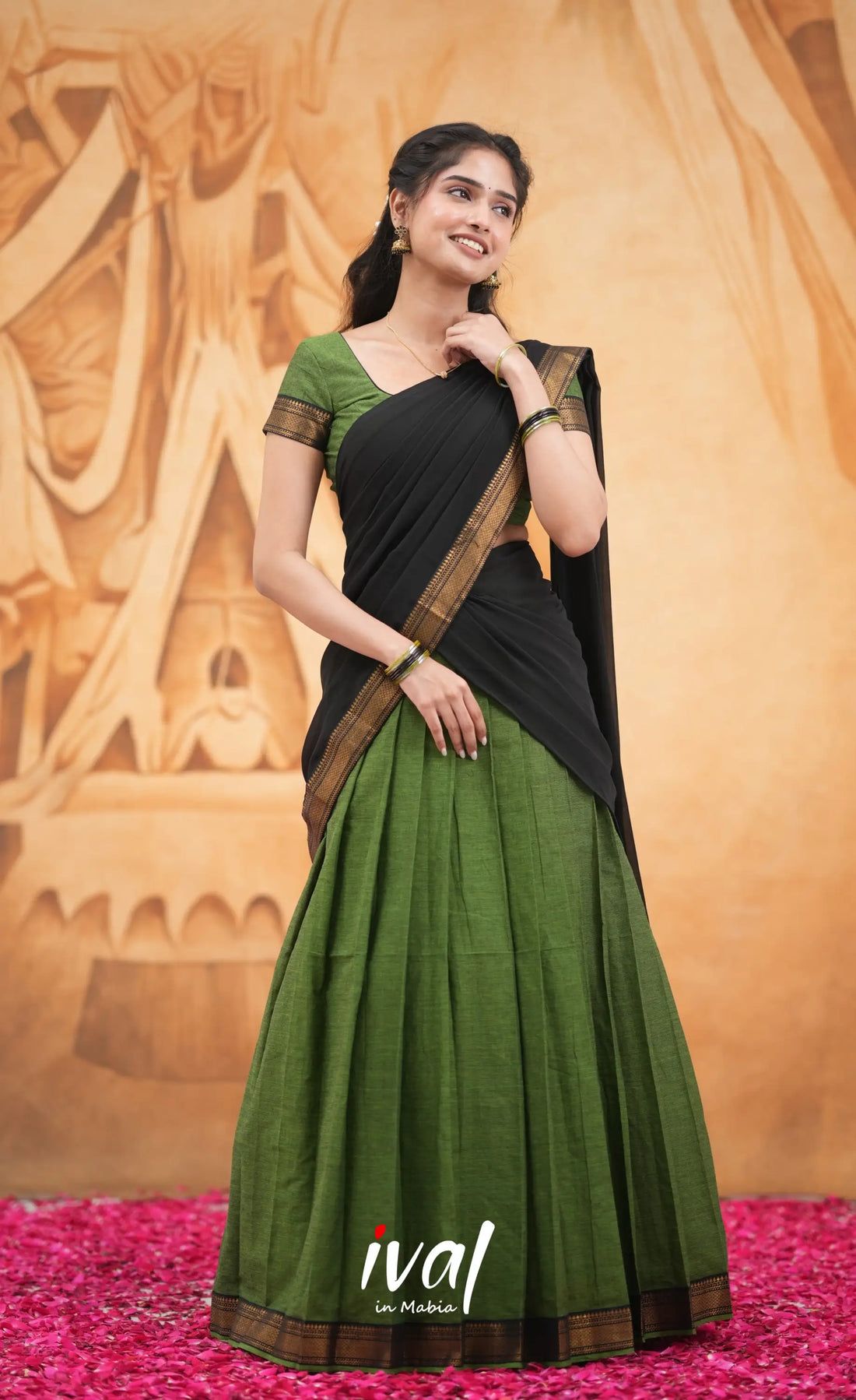 Savarna Cotton Half Saree - Dark Green and Black Half Sarees