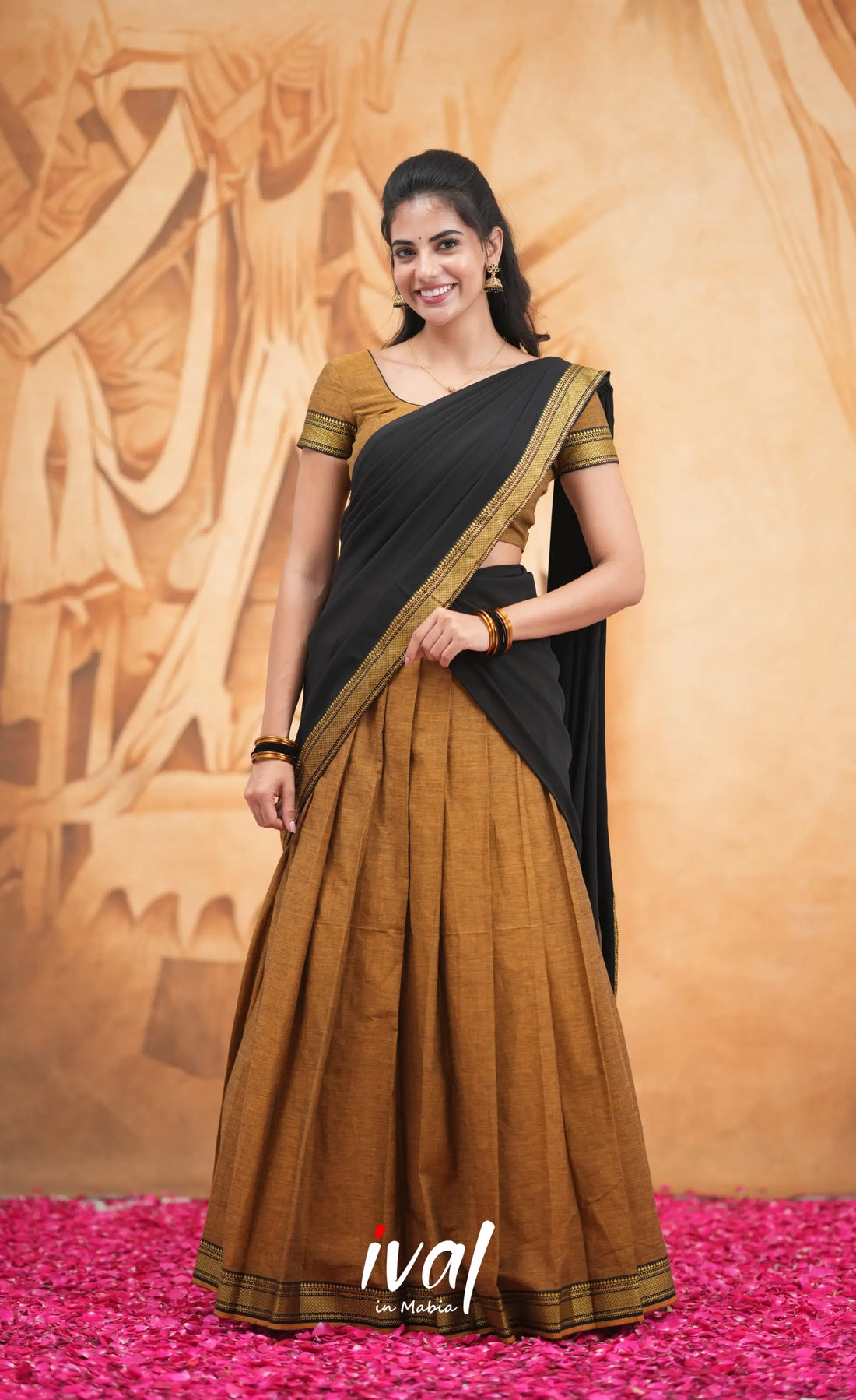 Savarna Cotton Half Saree - Light Brown and Black Half Sarees