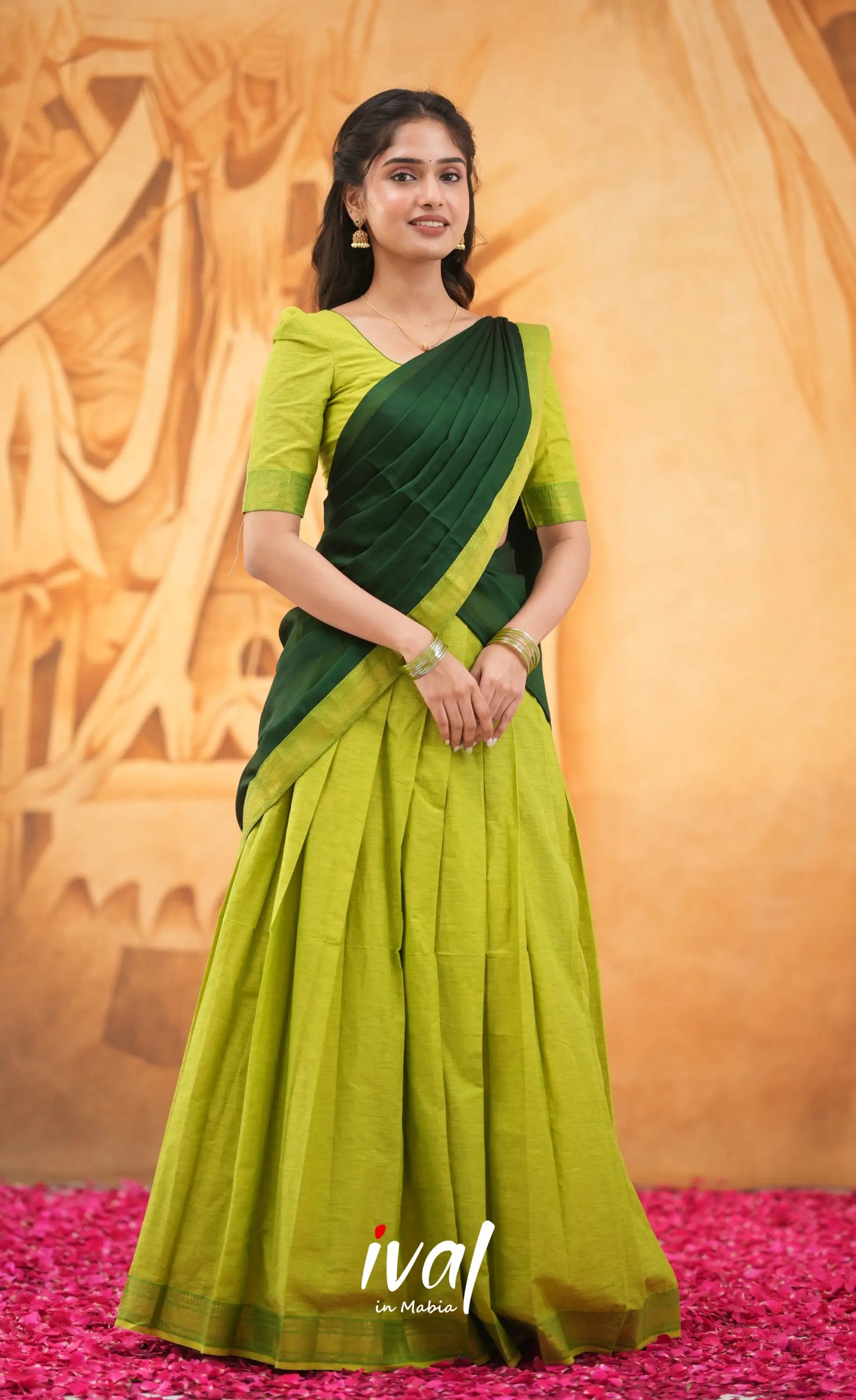 Savarna Cotton Half Saree - Light Green and Dark Green Half Sarees