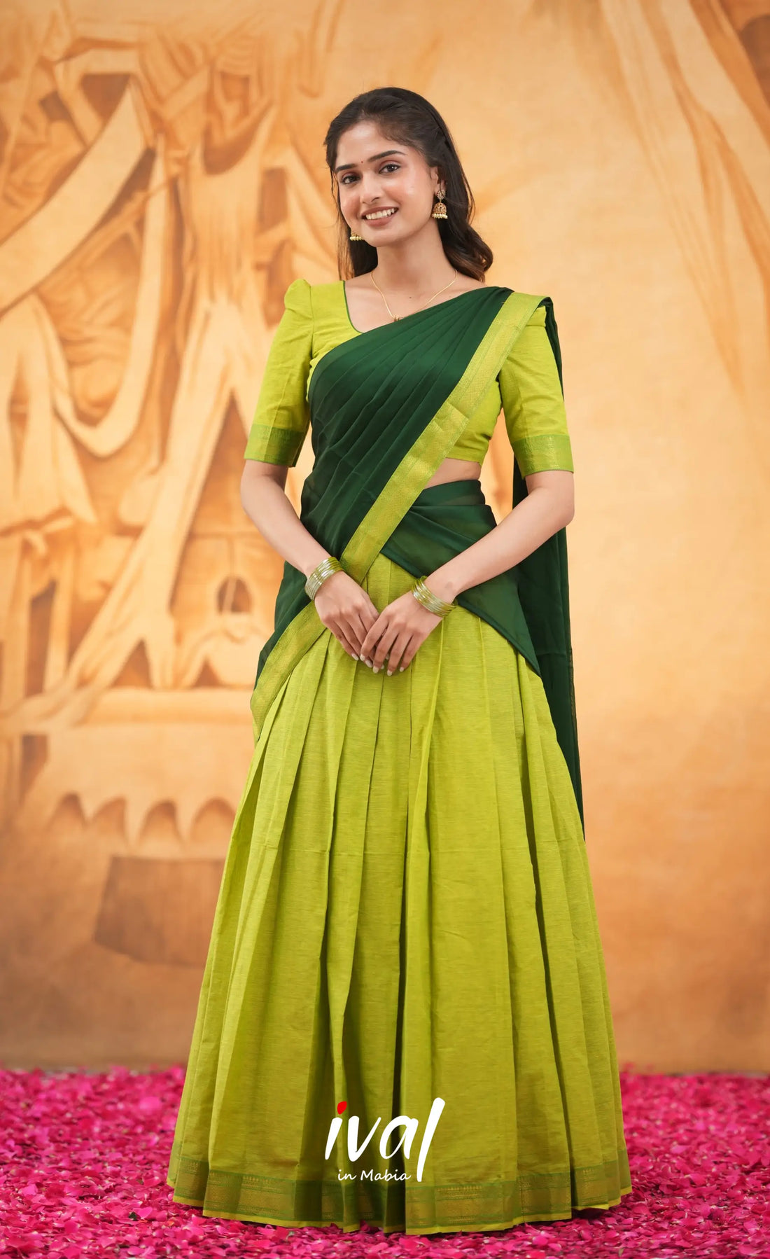 Savarna Cotton Half Saree - Light Green and Dark Green Half Sarees