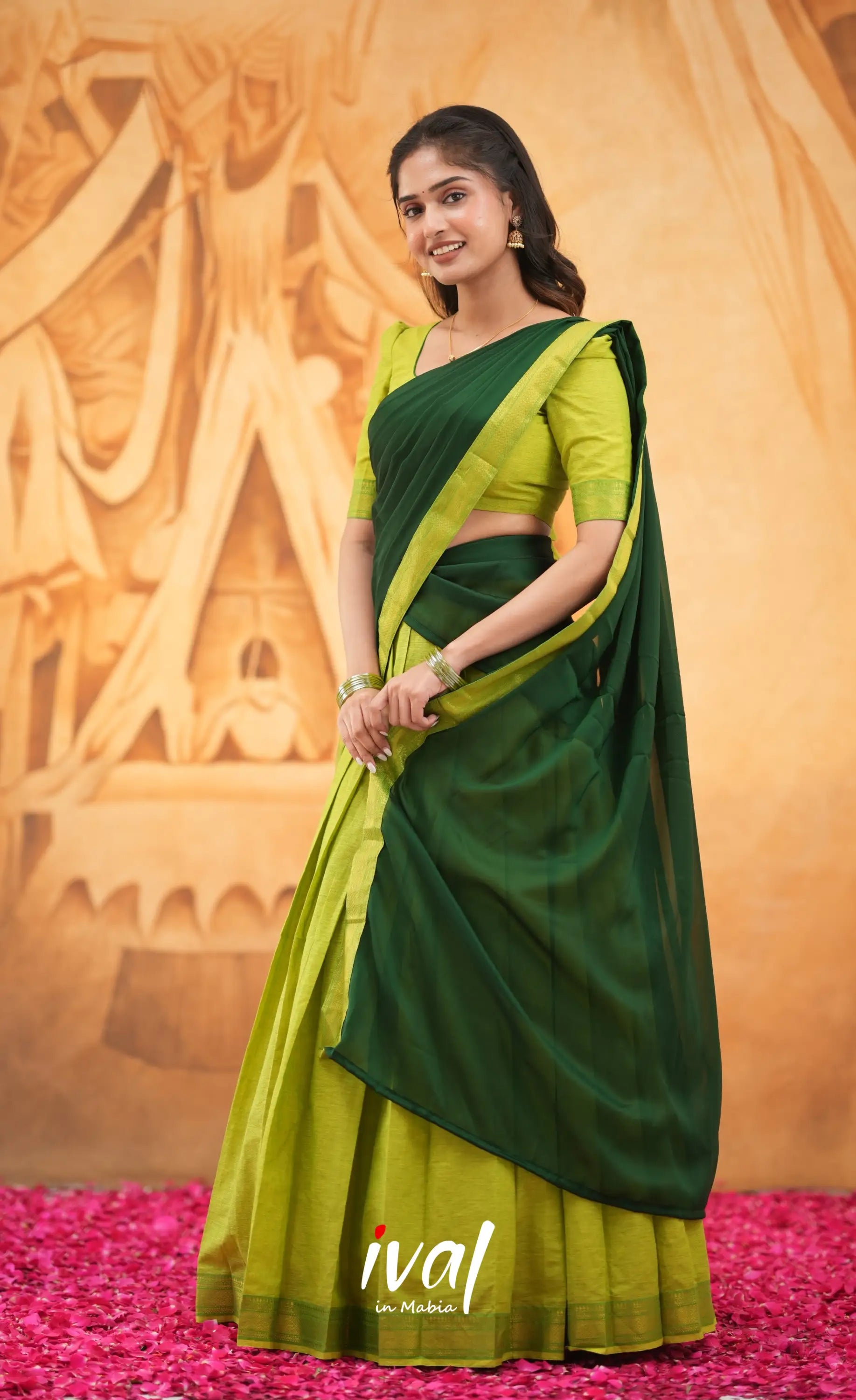 Savarna Cotton Half Saree - Light Green and Dark Green Half Sarees