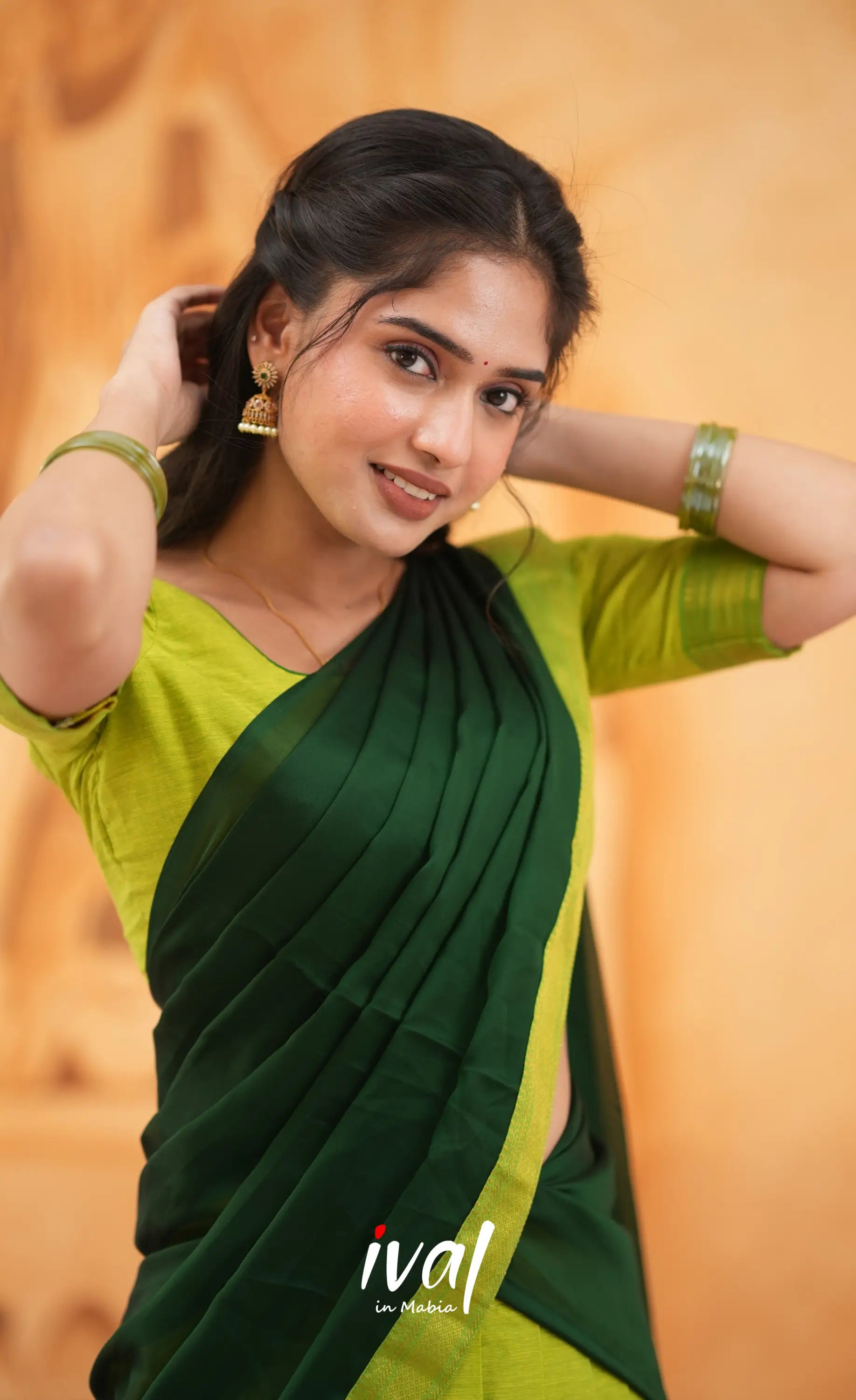 Savarna Cotton Half Saree - Light Green and Dark Green Half Sarees