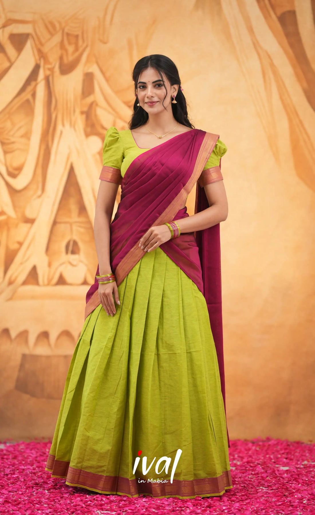 Savarna Cotton Half Saree - Light Green and Pink Half Sarees