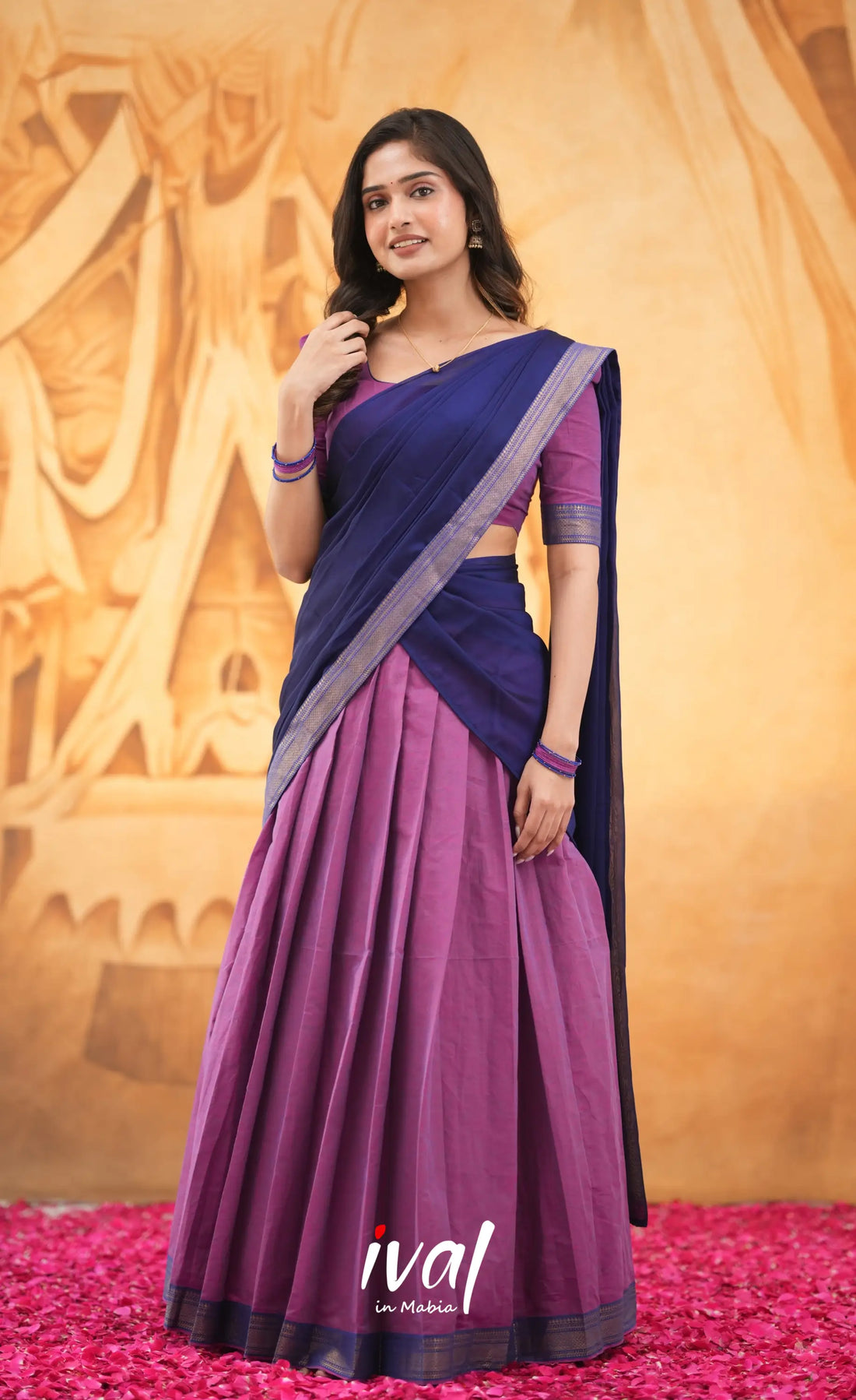 Savarna Cotton Half Saree - Magenta and Royal Blue Half Sarees
