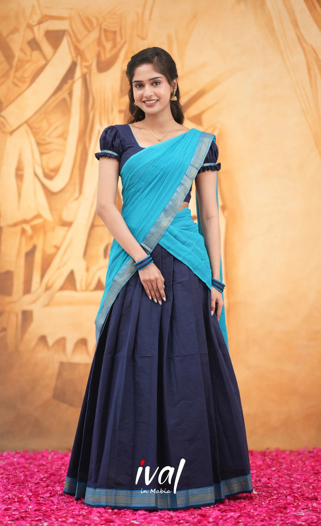 Savarna Cotton Half Saree - Navy Blue and Light Blue Half Sarees