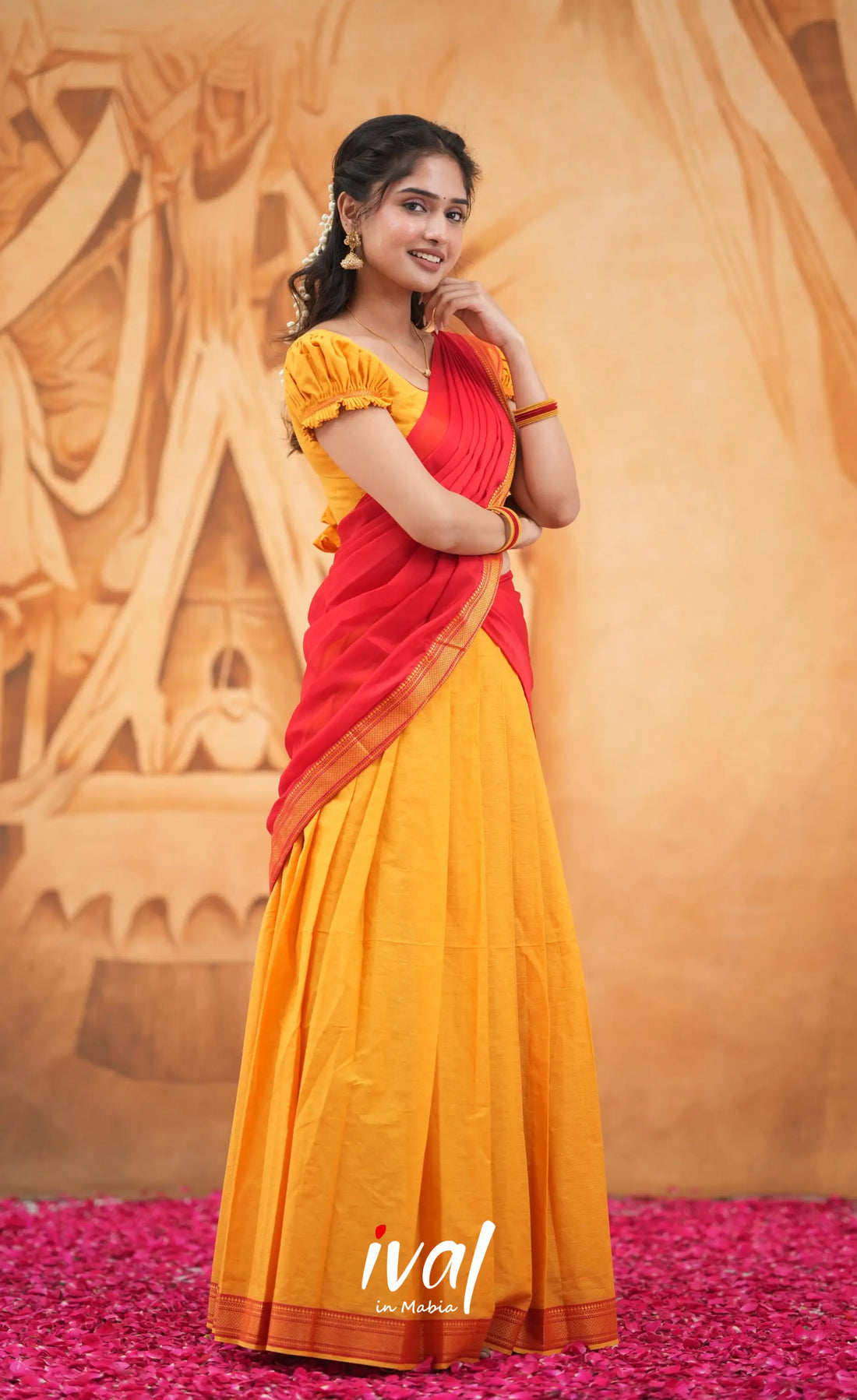 Savarna Cotton Half Saree - Orange and Red Half Sarees