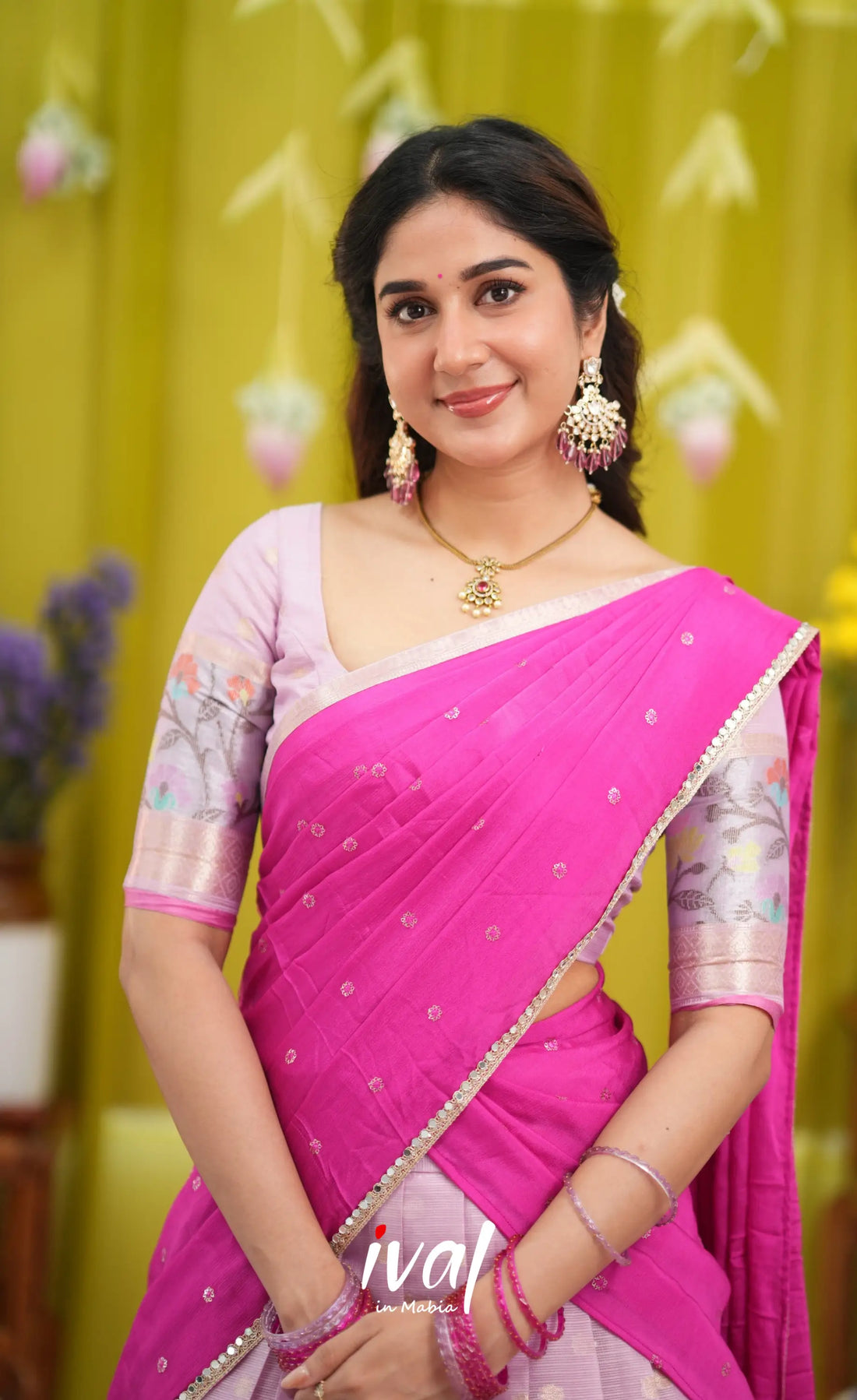 Sayuri Kota Halfsaree - Lavender and Hot Pink - Half Sarees