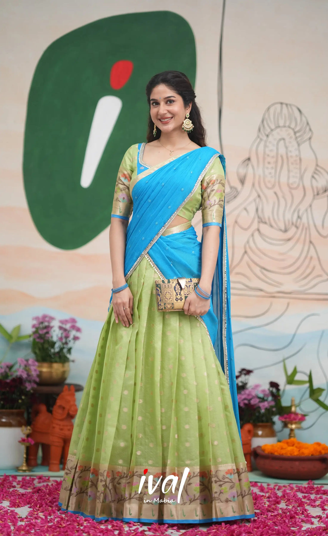 Sayuri Kota Halfsaree - Pastel Green and Sky Blue Half Sarees