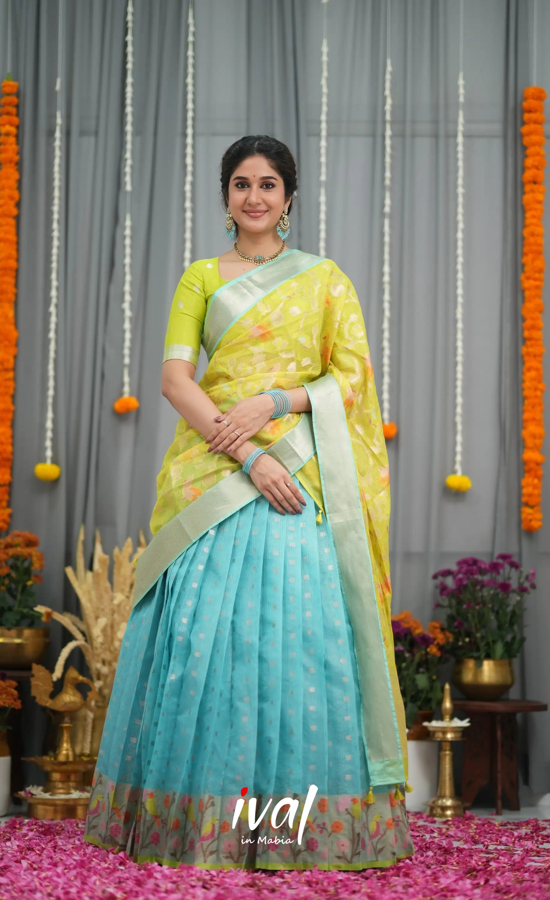 Sayuri Kota Halfsaree - Sky Blue and Neon Green Half Sarees
