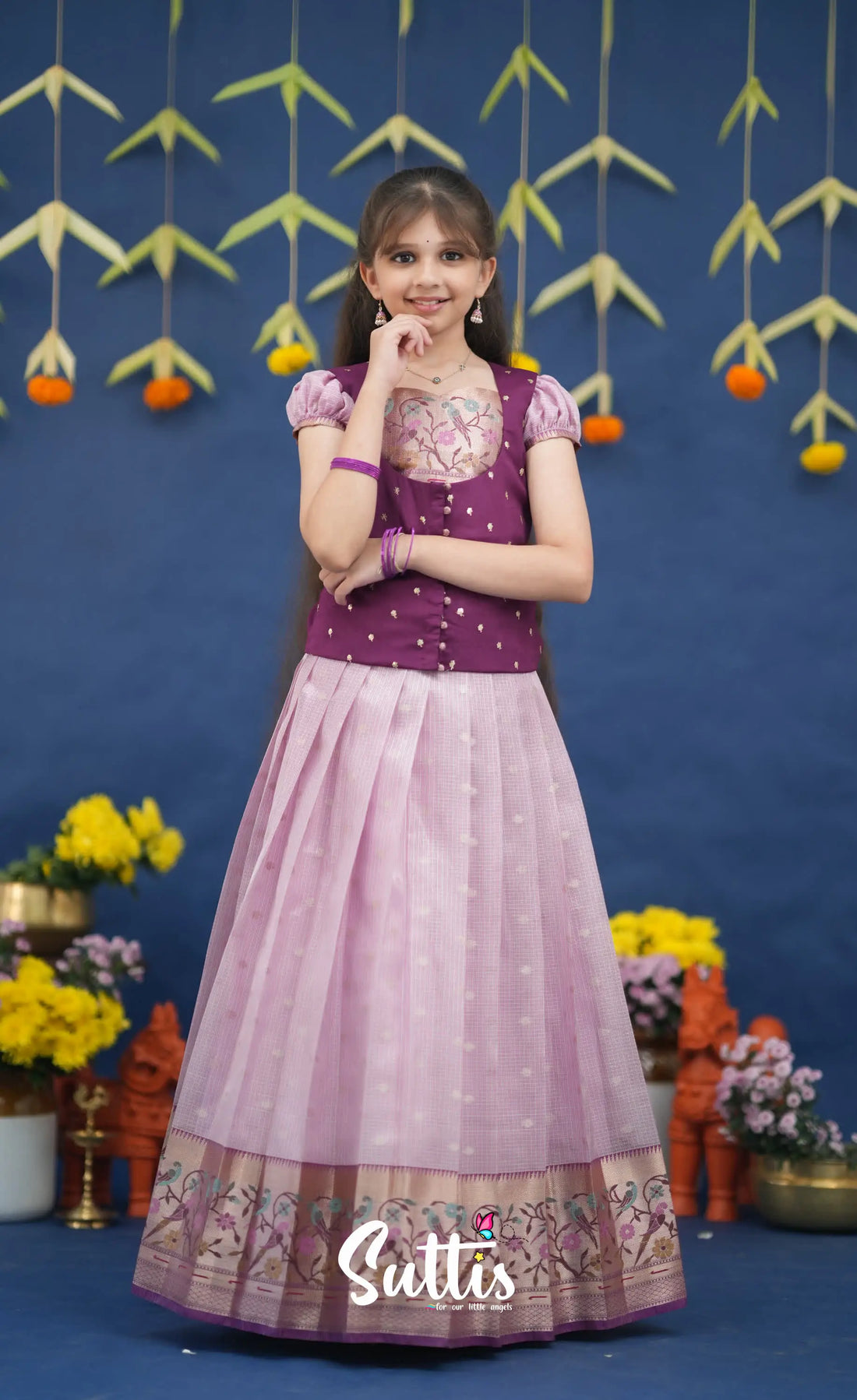 Sayuri Lavender and Purple Paithani Kota Pavadai Sattai Kids-Suttis